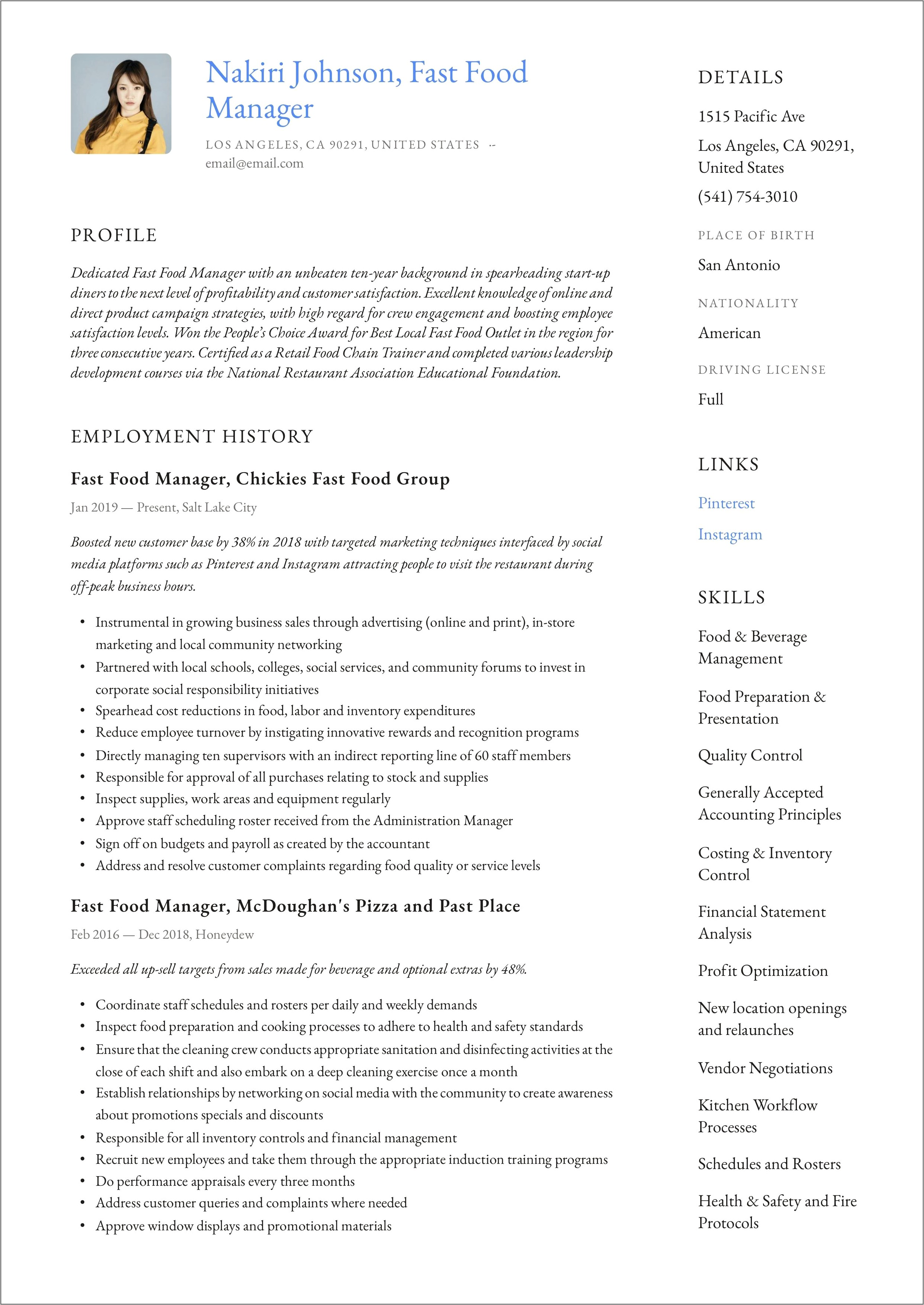 Sample Mcdonalds Assistant Manager Resume