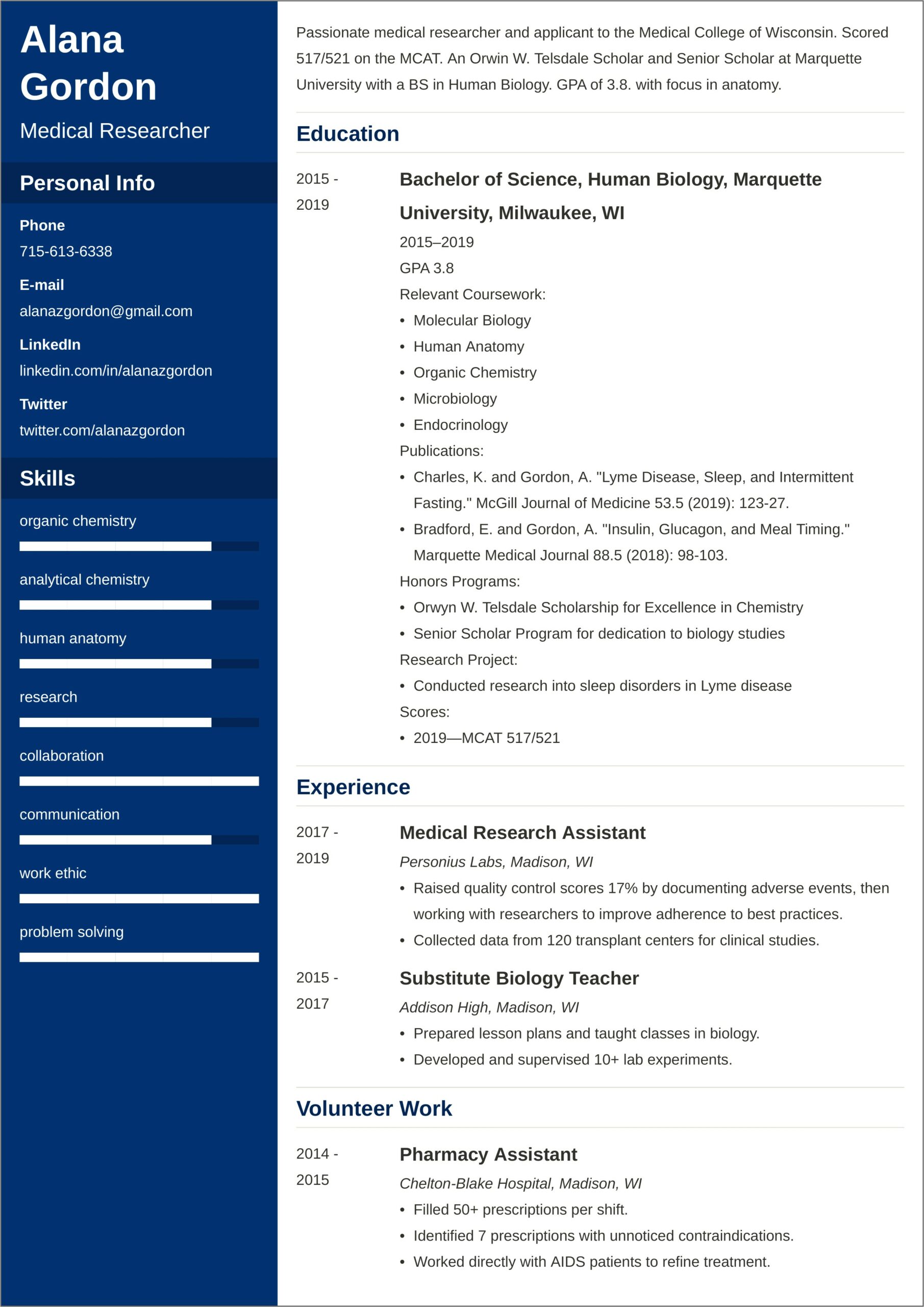 Sample Med School Application Resume