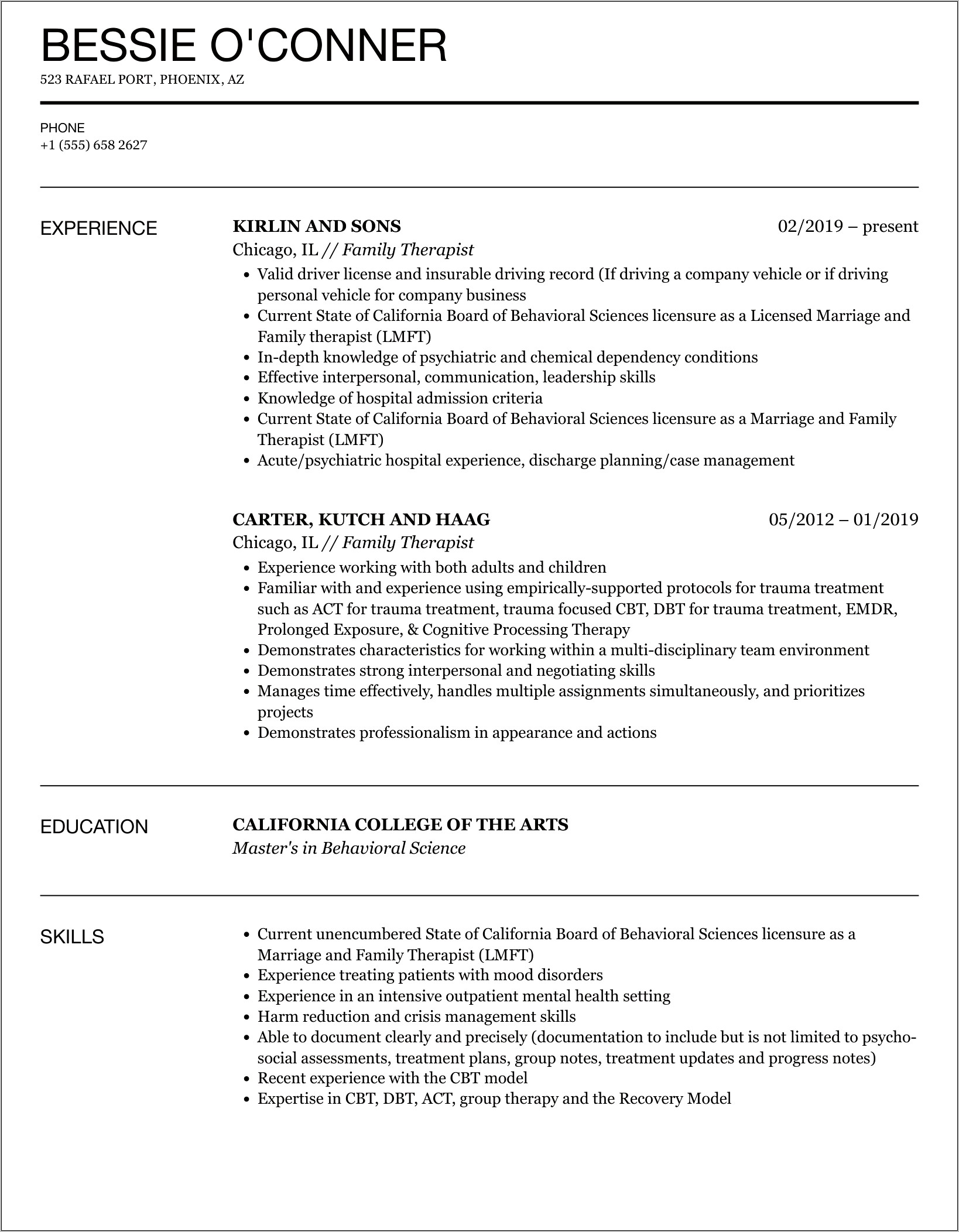 Sample Mft Resume Private Practice