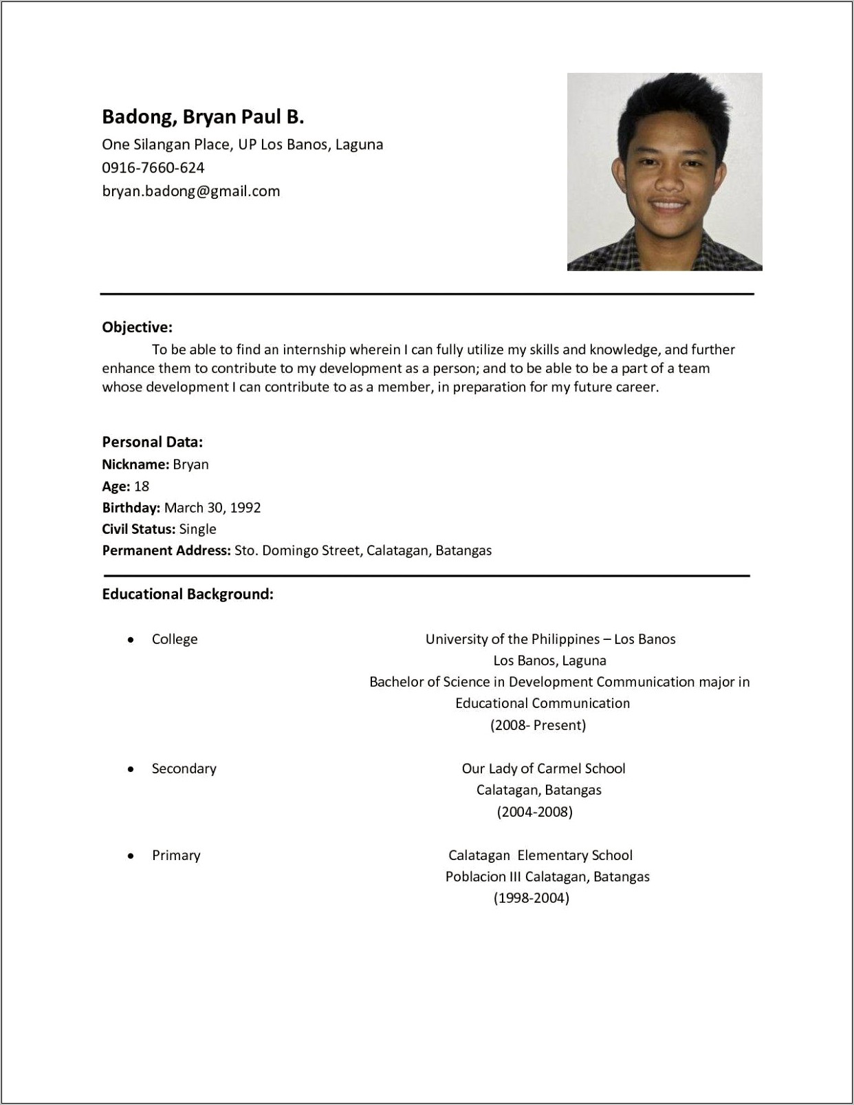 Sample Ng Resume Na Tagalog