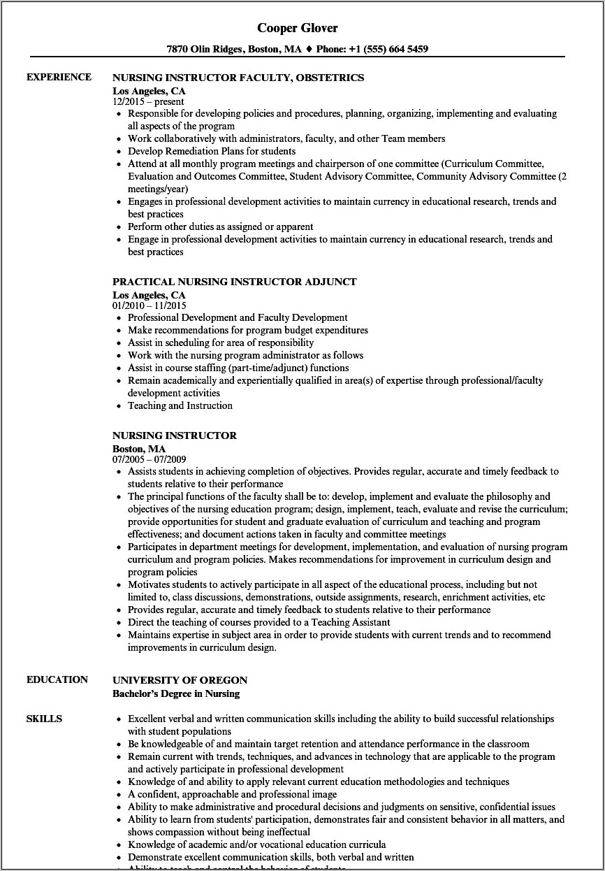 Sample Nurse Educator Resume Example