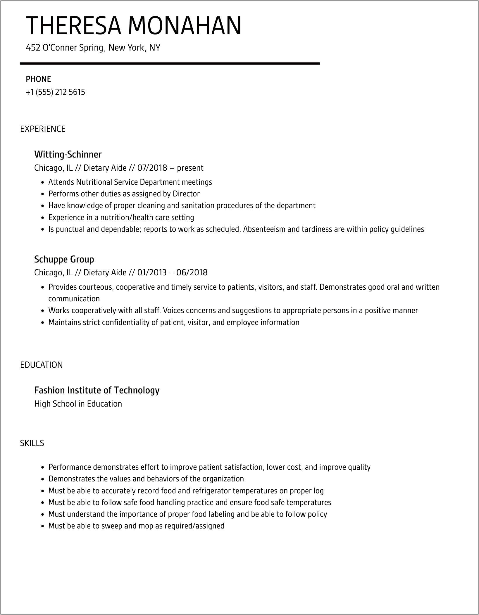 Sample Of Dietary Aide Resume