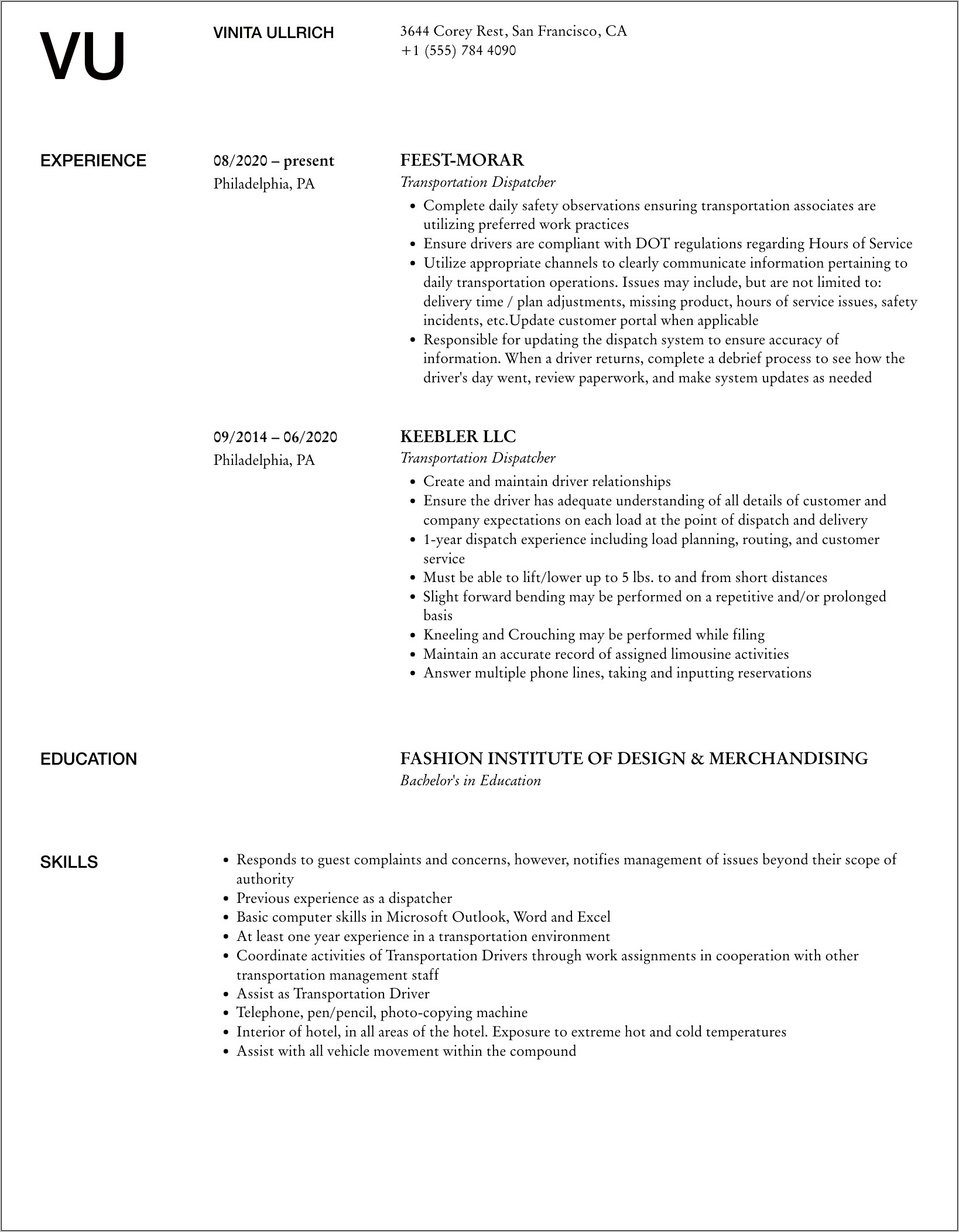 Sample Of Dispatch Trucking Resume