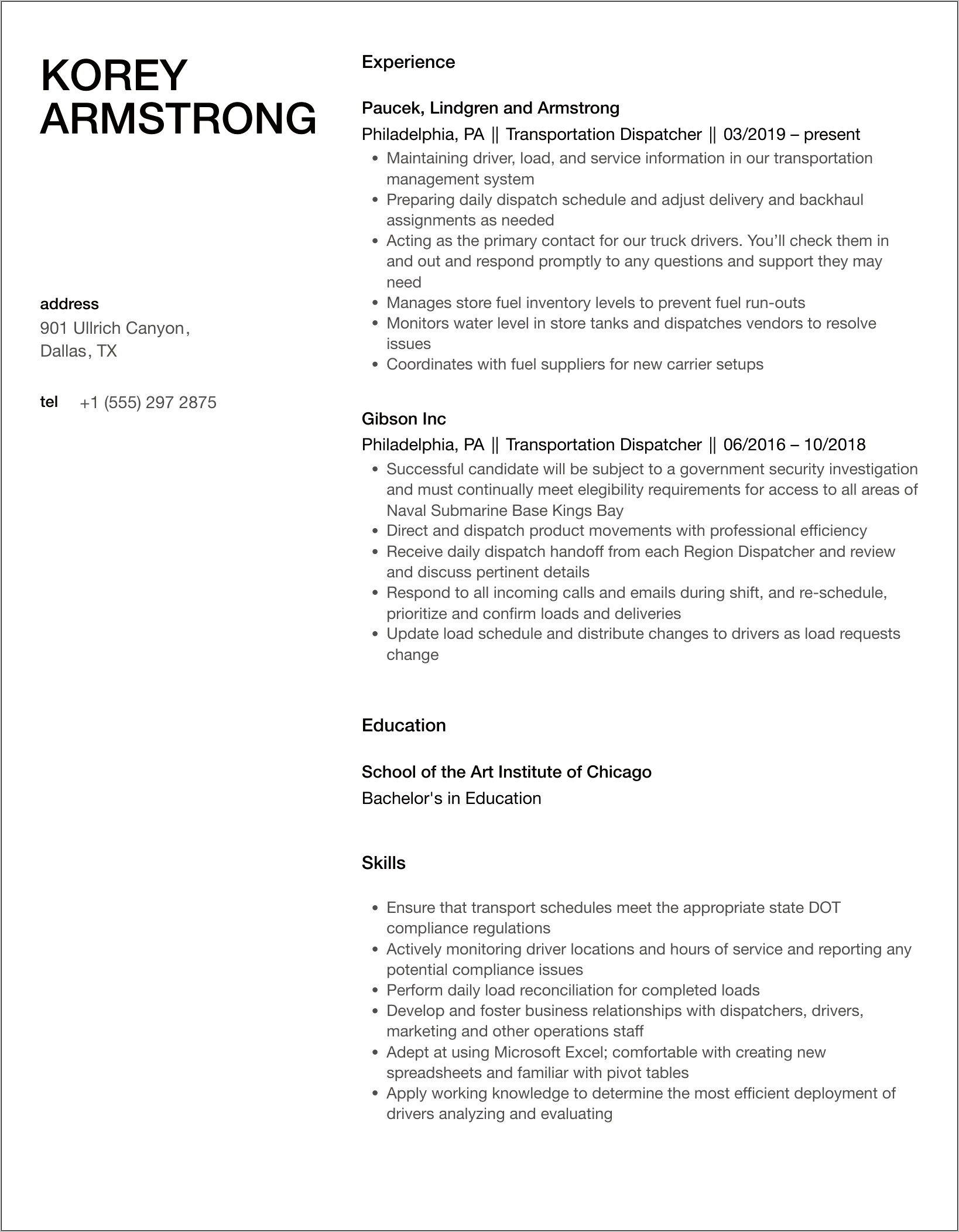 Sample Of Logistics Dispatcher Resume