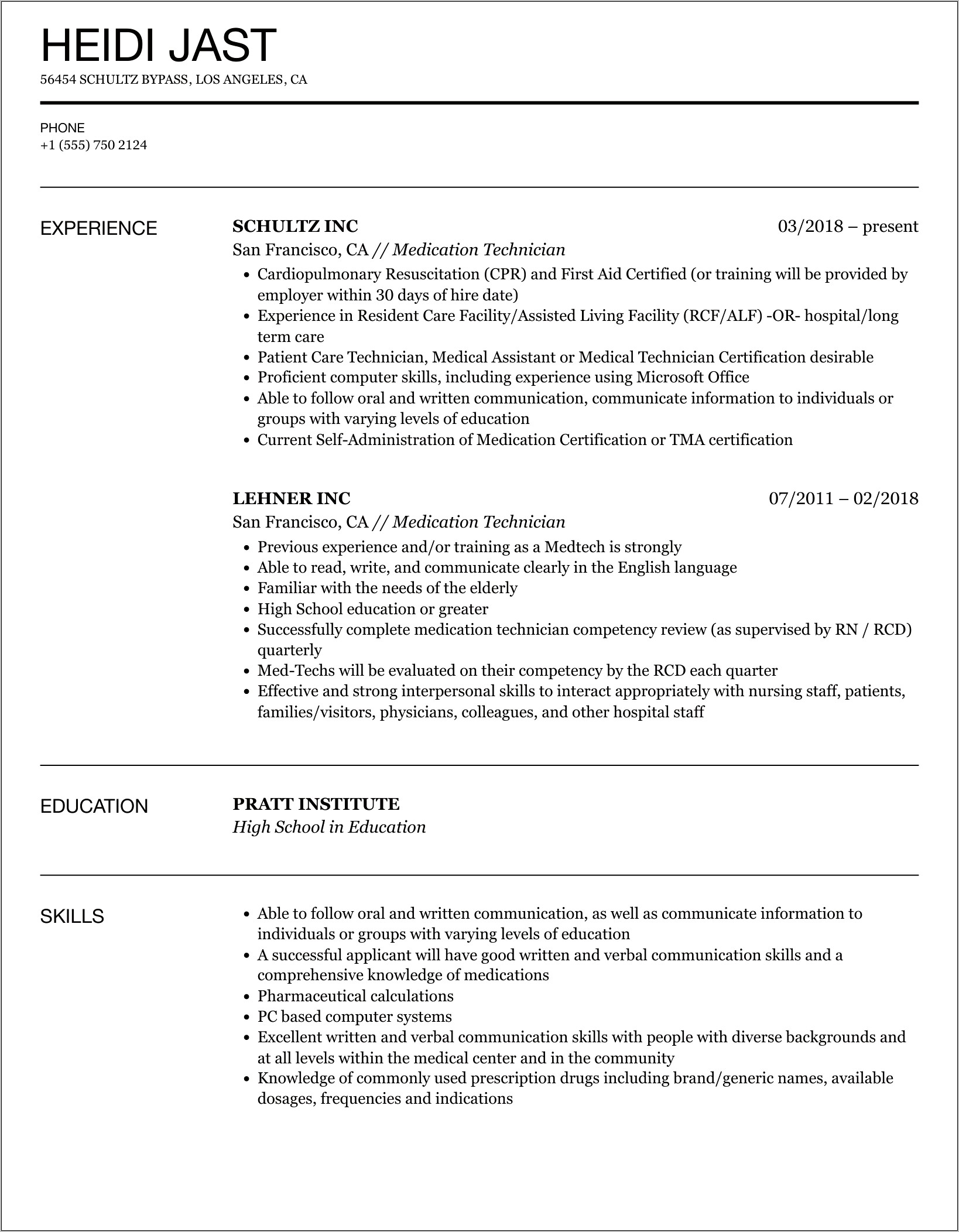 Sample Of Medication Aid Resume