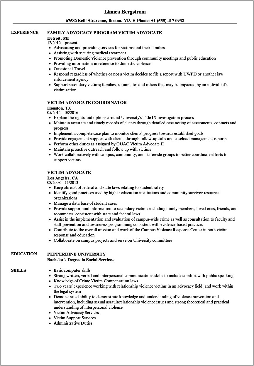 Sample Of Resume For Advocacy