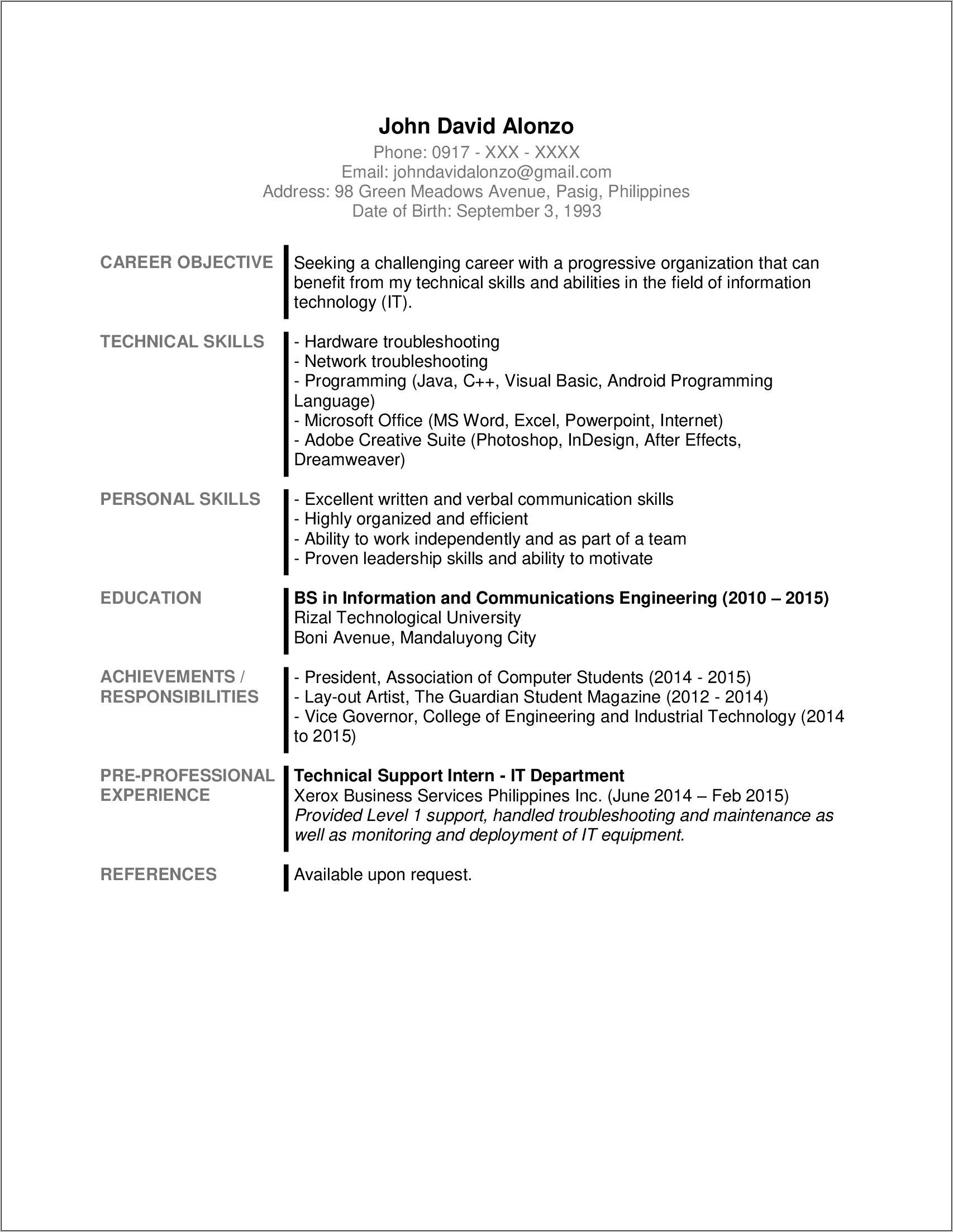 Sample Of Resume For University