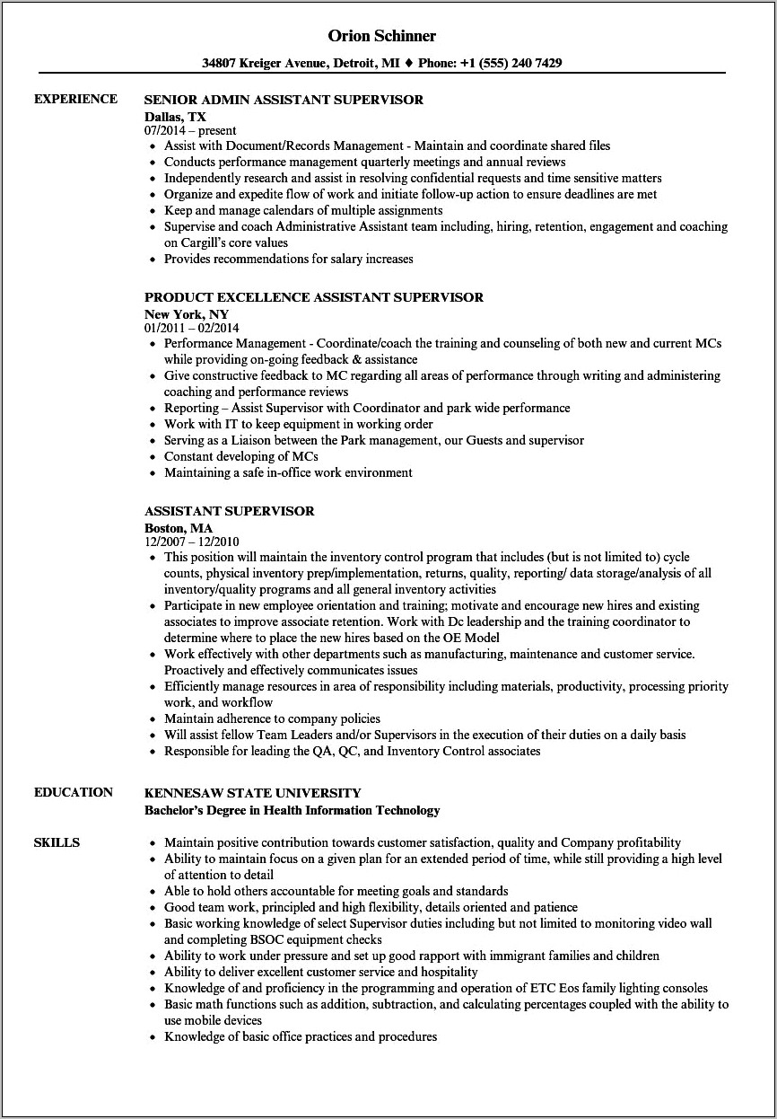 Sample Of Resume Of Supervisor