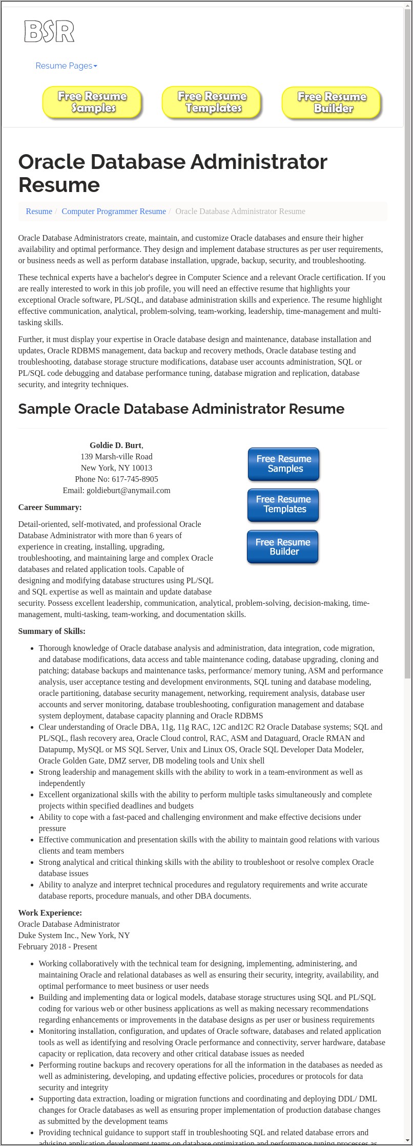 Sample Oracle Database Administrator Resume