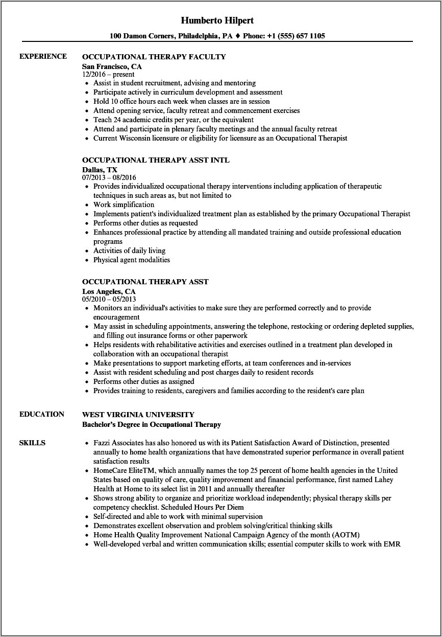 Sample Pediatric Occupational Therapist Resume