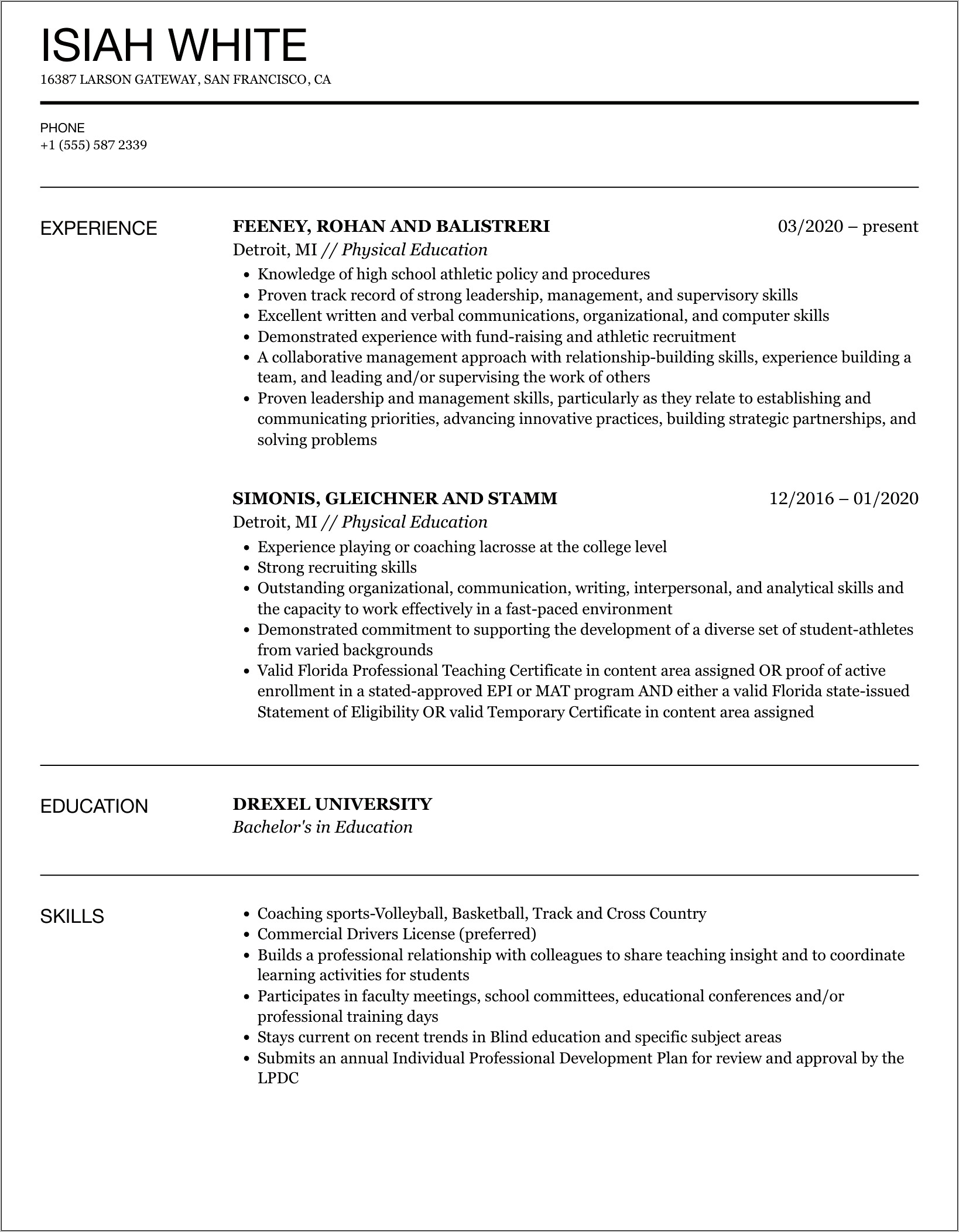 Sample Physical Education Teaching Resume