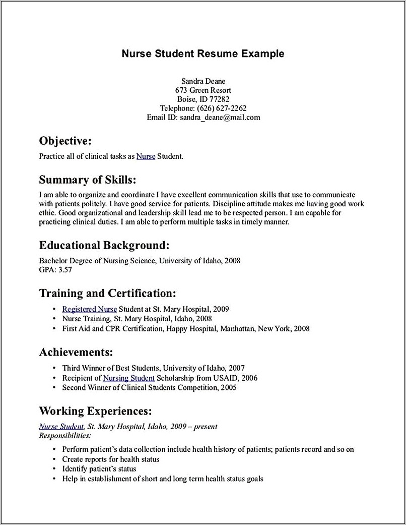 Sample Post Nursing School Resumes