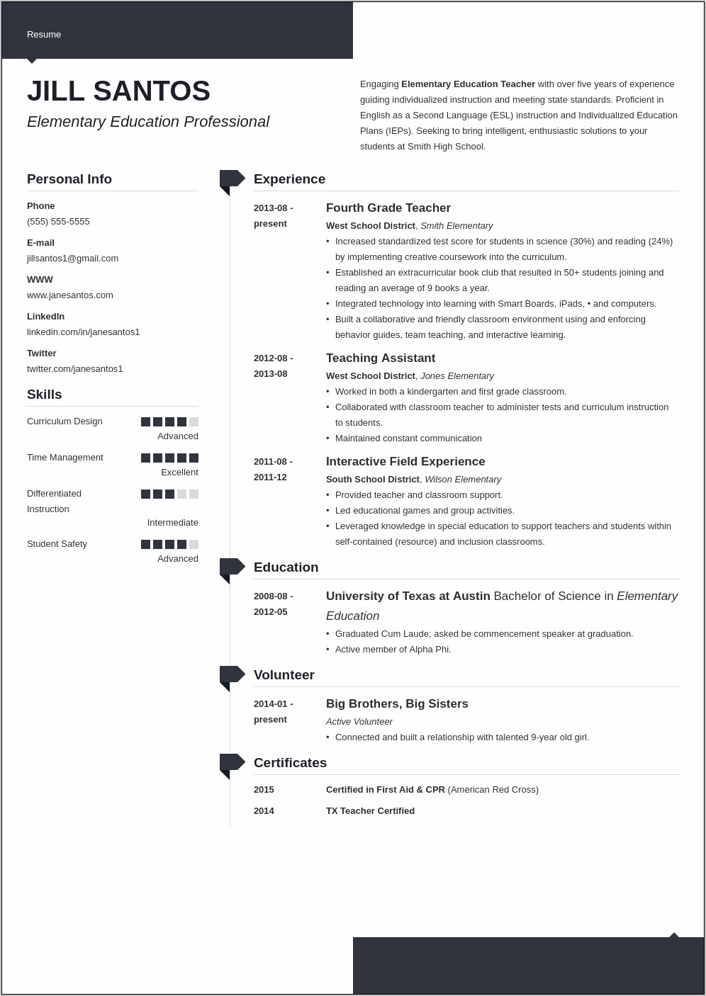 Sample Professional Resume For Teachers