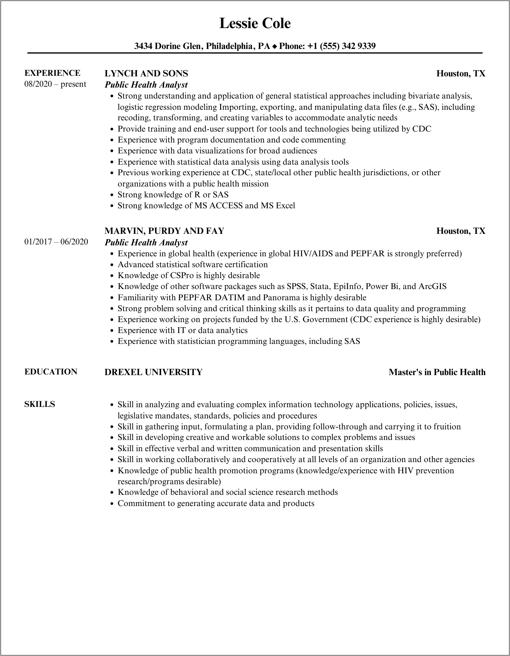 Sample Public Health Research Resume