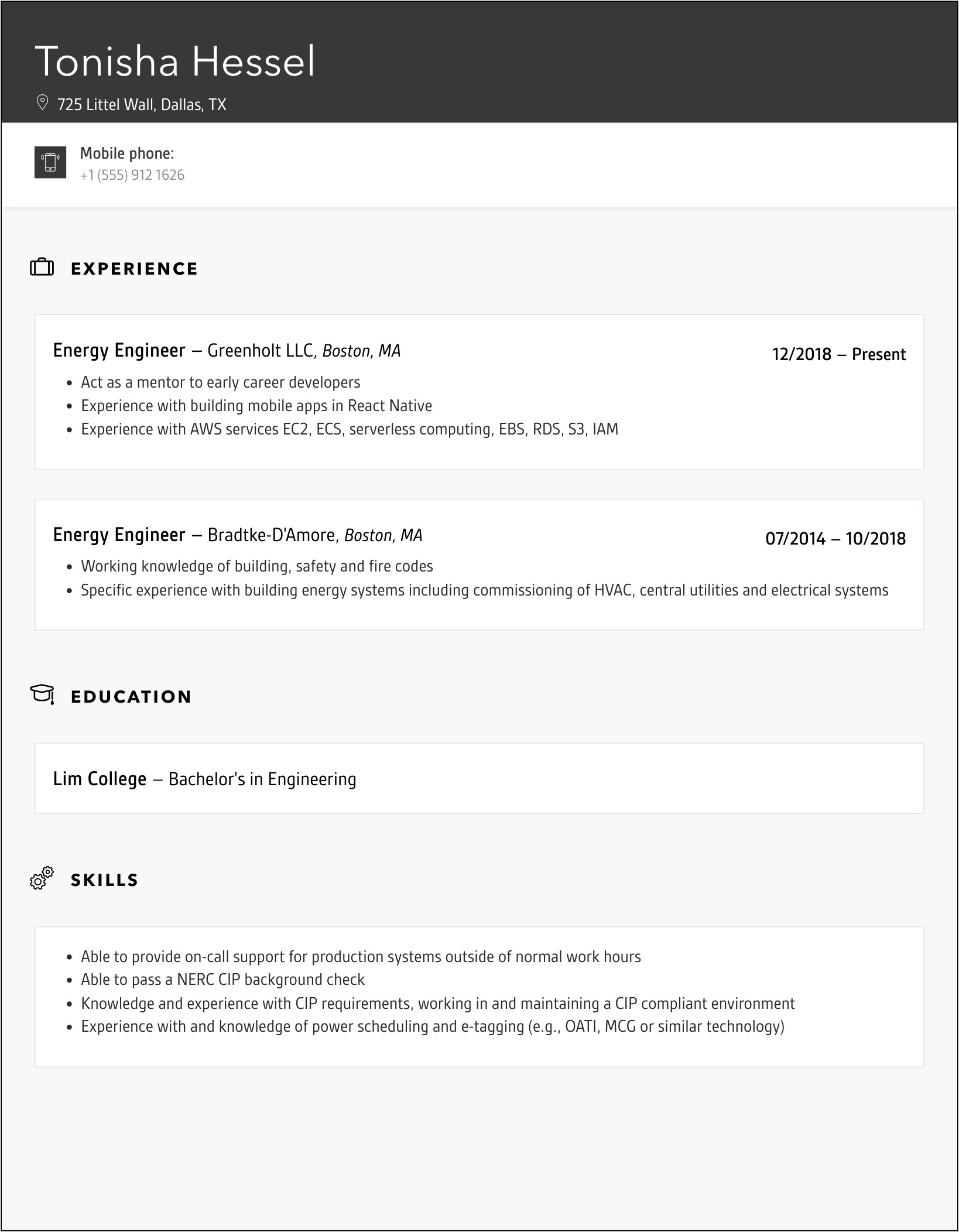 Sample Renewable Energy Engineer Resume