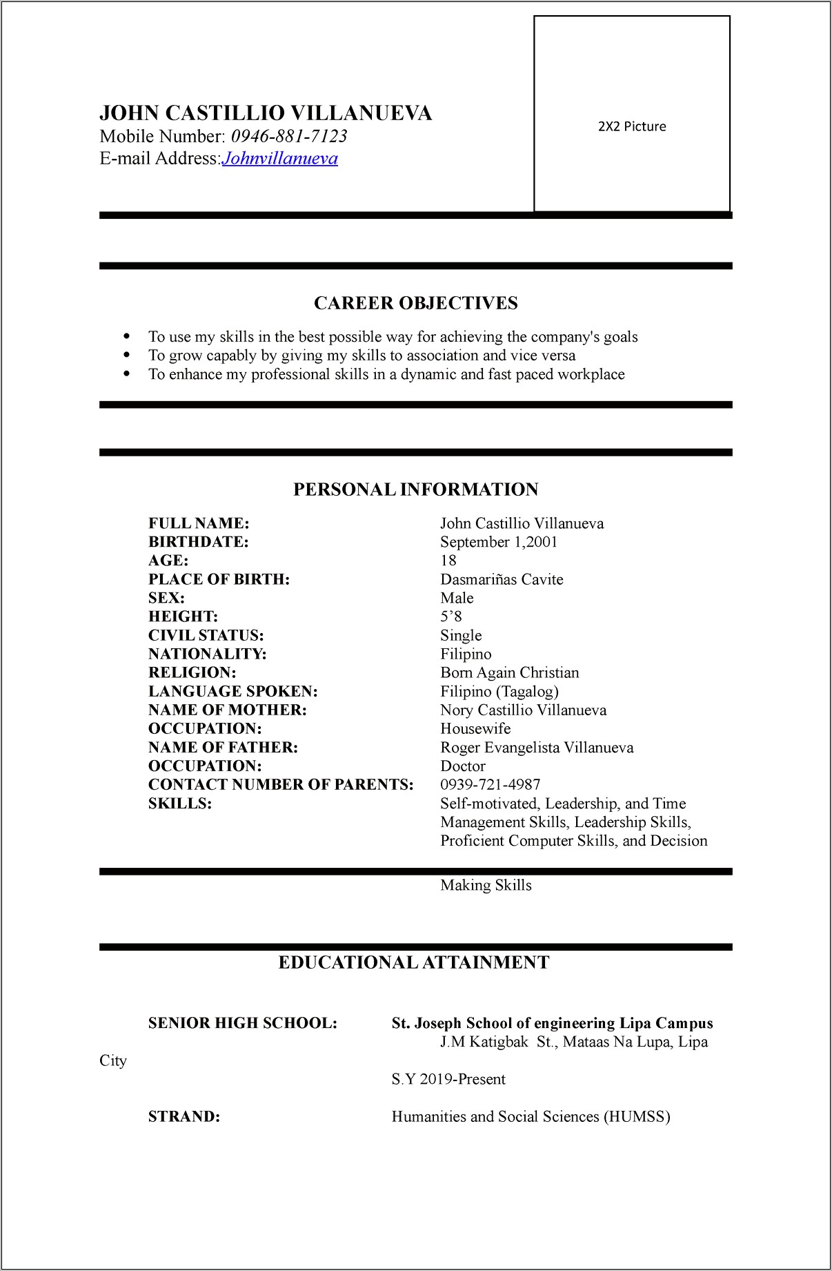 Sample Resume 2019 Format Philippines