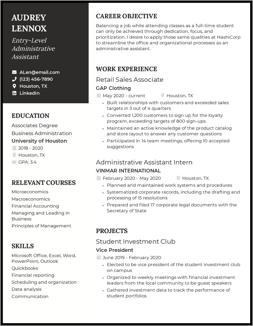 Sample Resume Administrative Assistant College