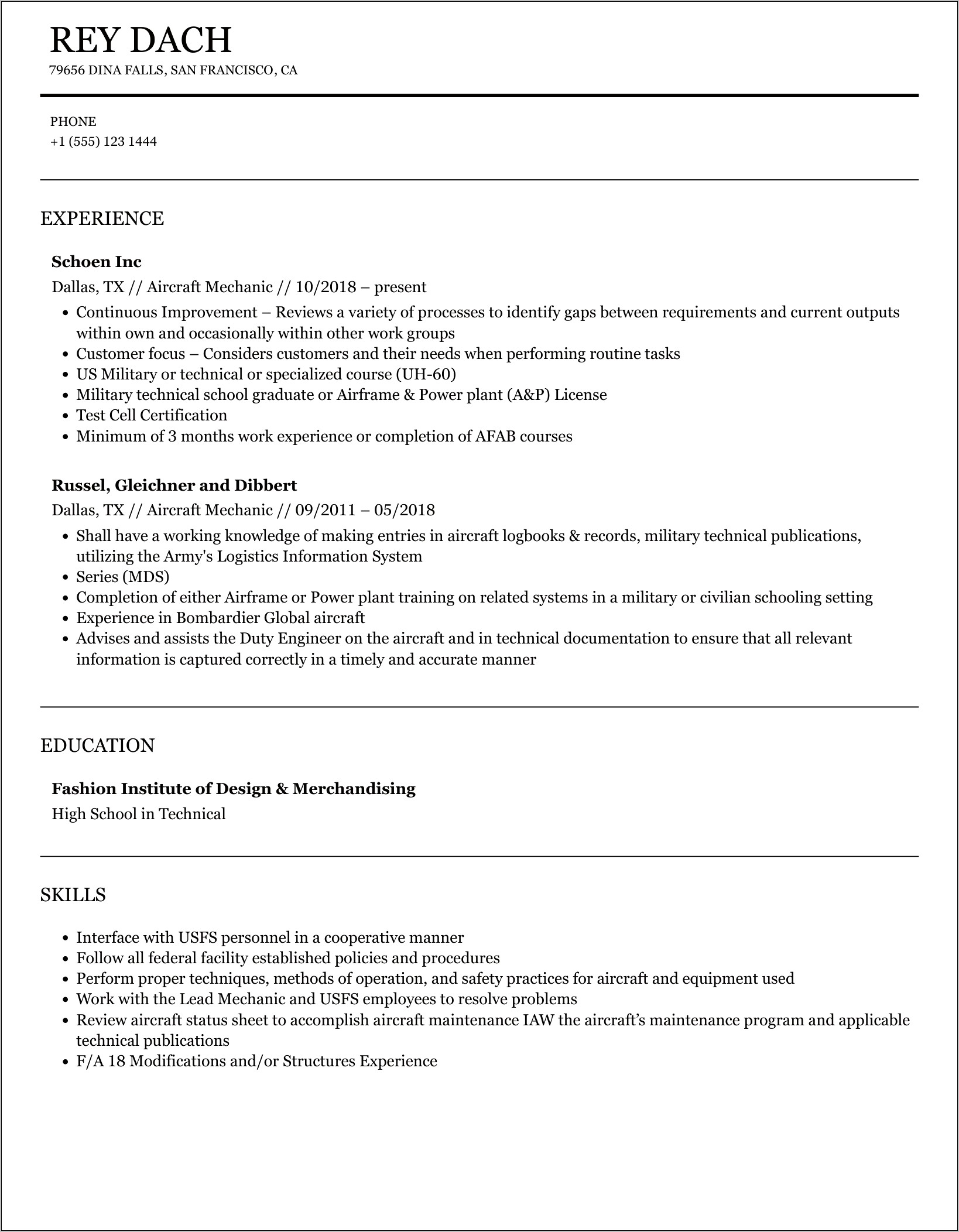 Sample Resume A&p Mechanic