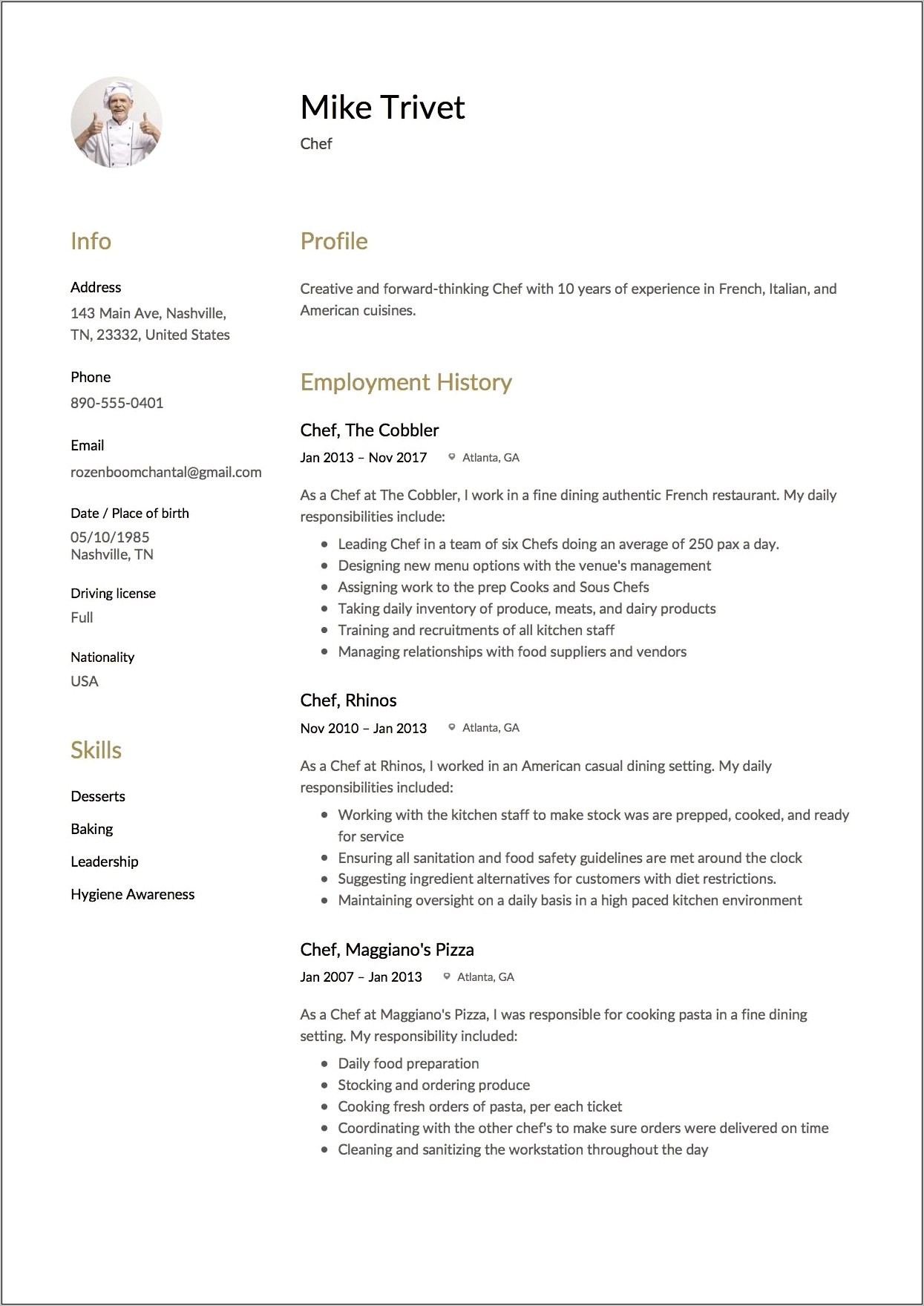 Sample Resume Chef De Partie