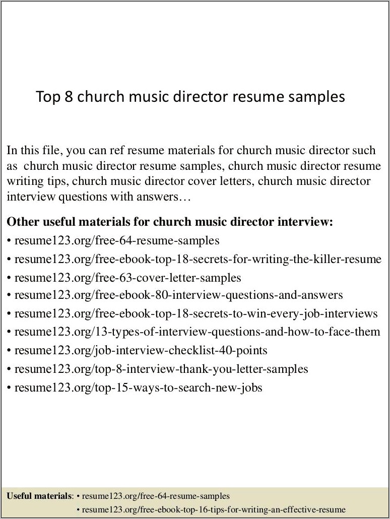 Sample Resume Church Music Director