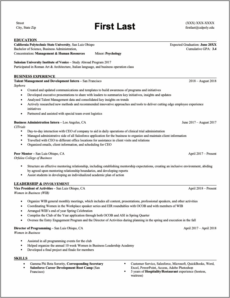 Sample Resume College Student Template