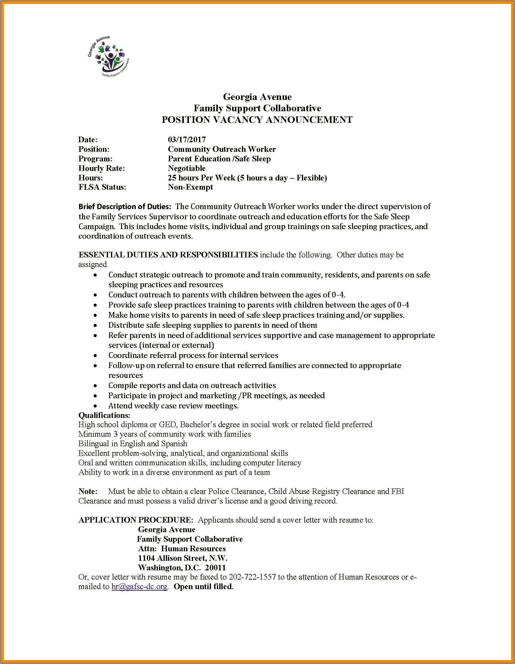 Sample Resume Community Outreach Worker