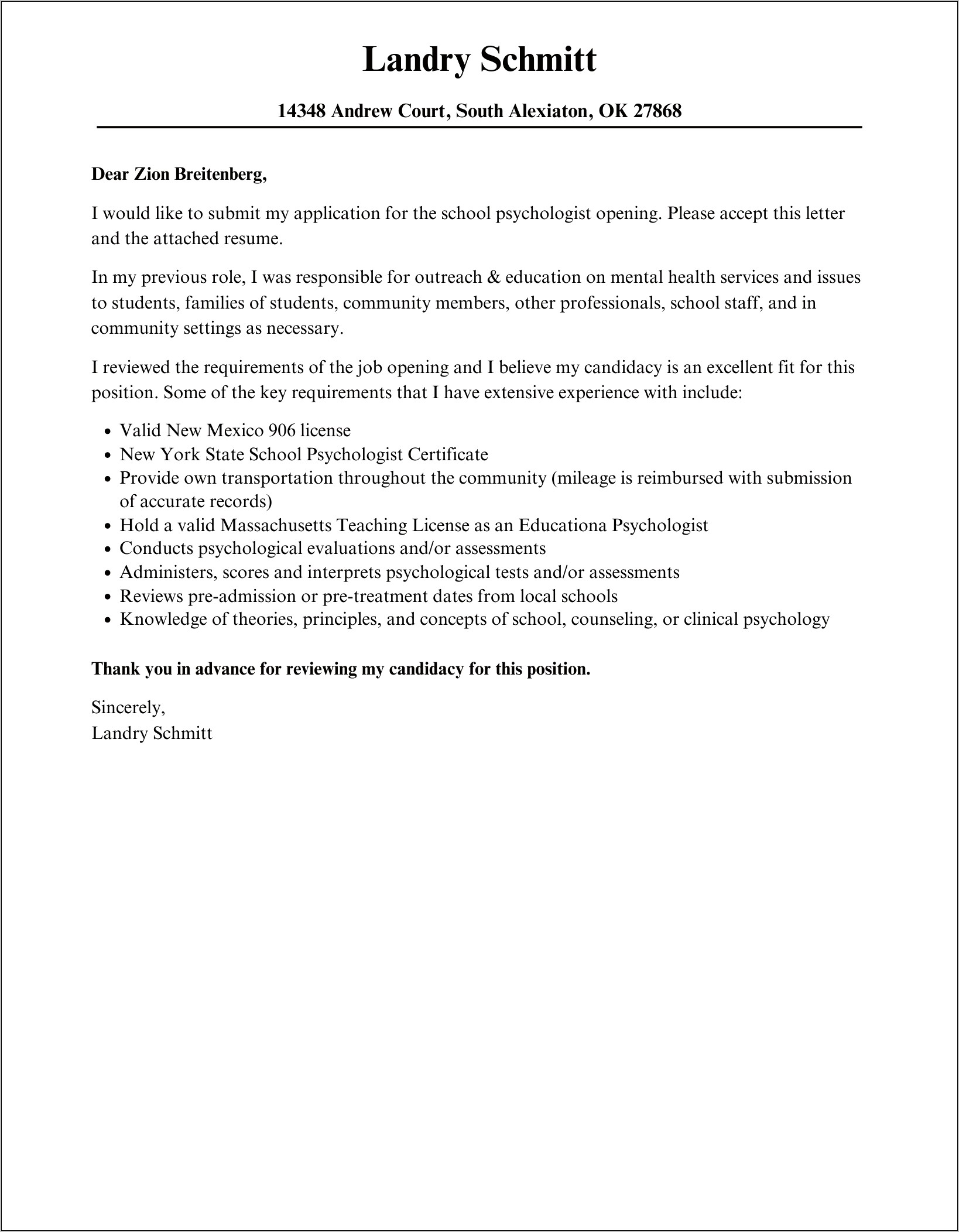 Sample Resume Cover Letter Psychology