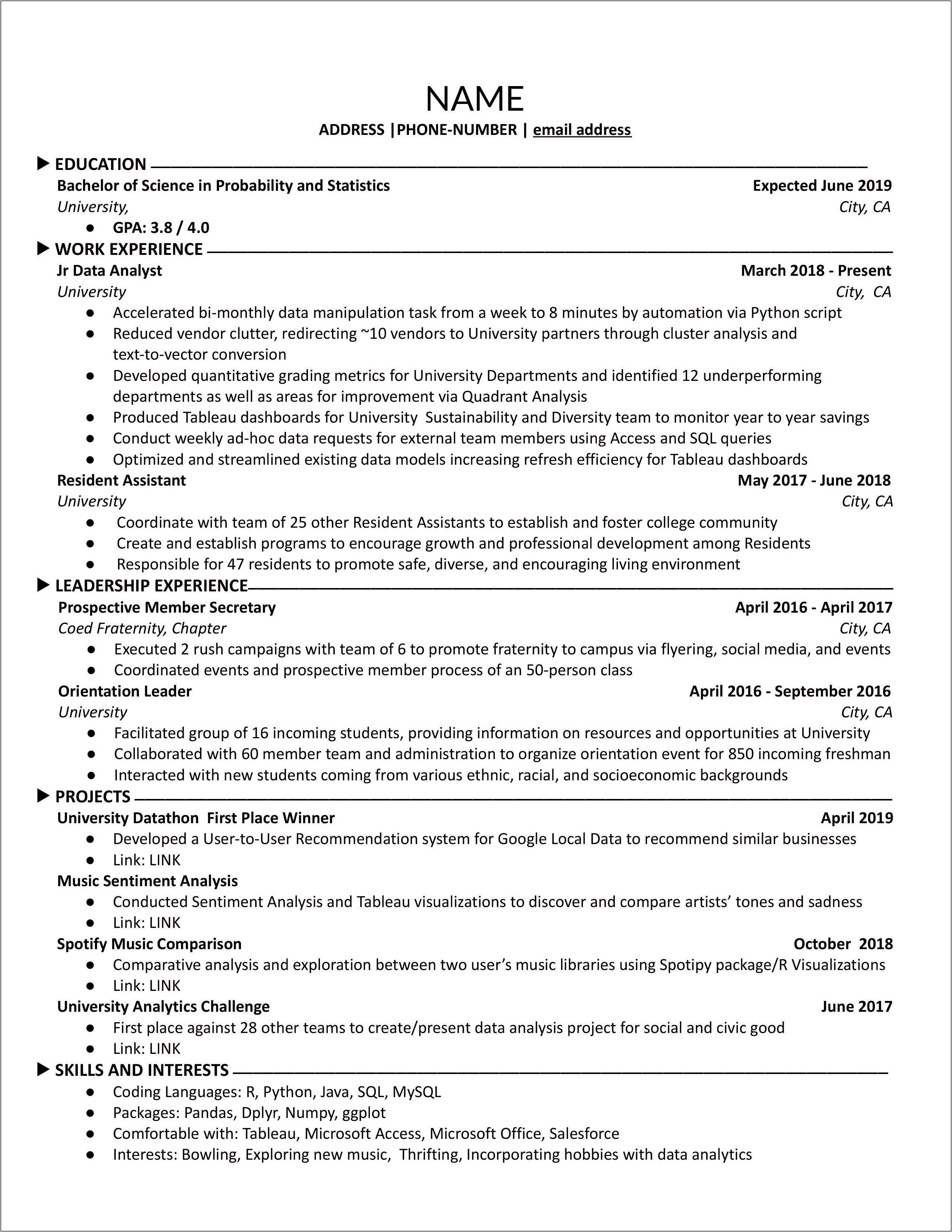 Sample Resume Data Analyst Position