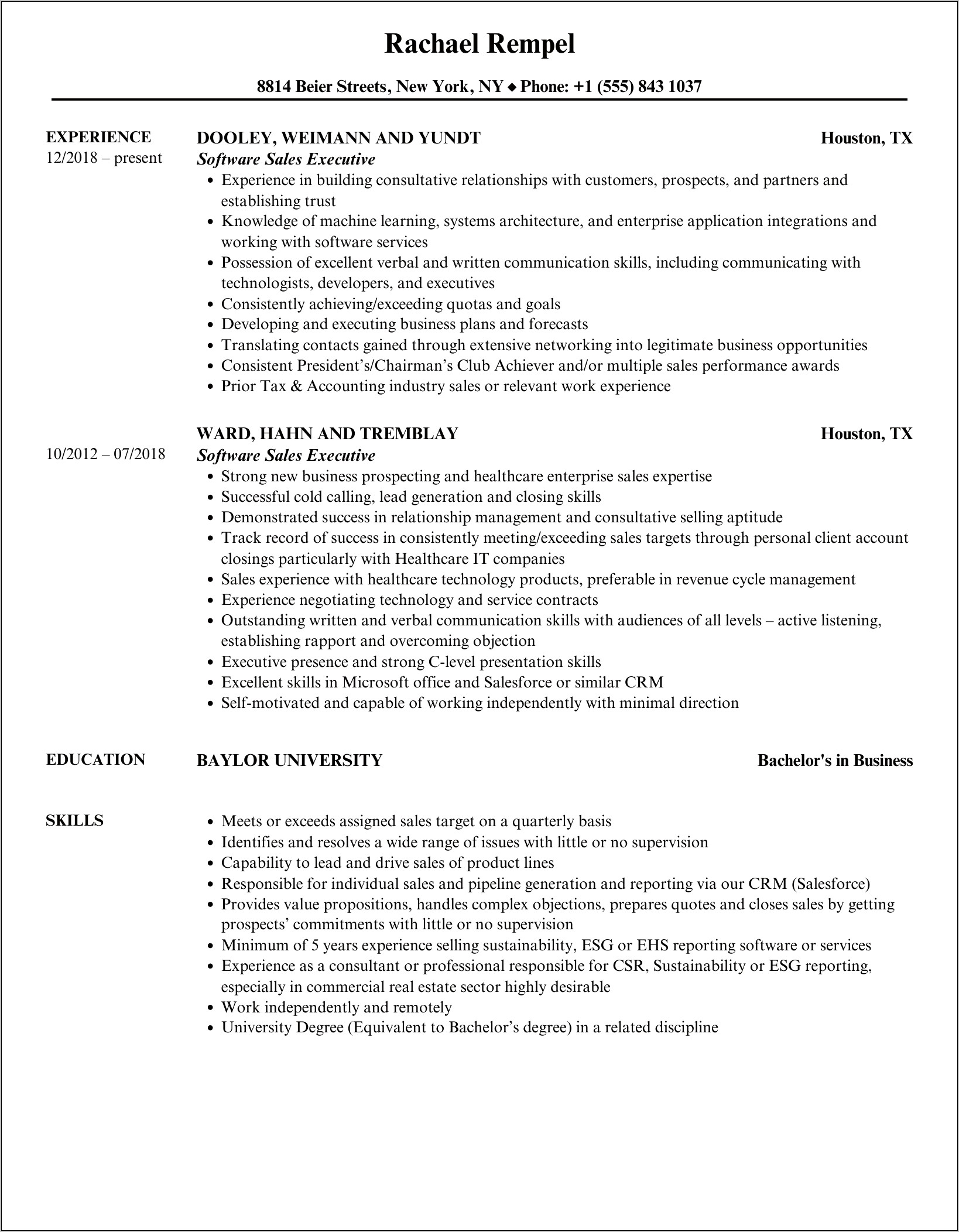 Sample Resume Enterprise Software Sales