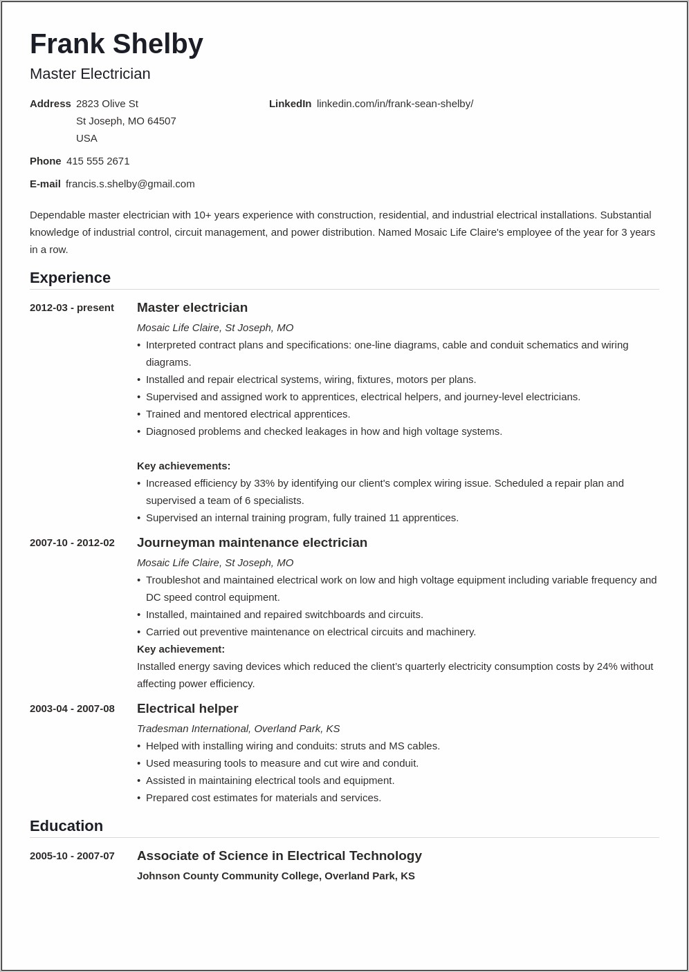 Sample Resume Entry Level Electrician