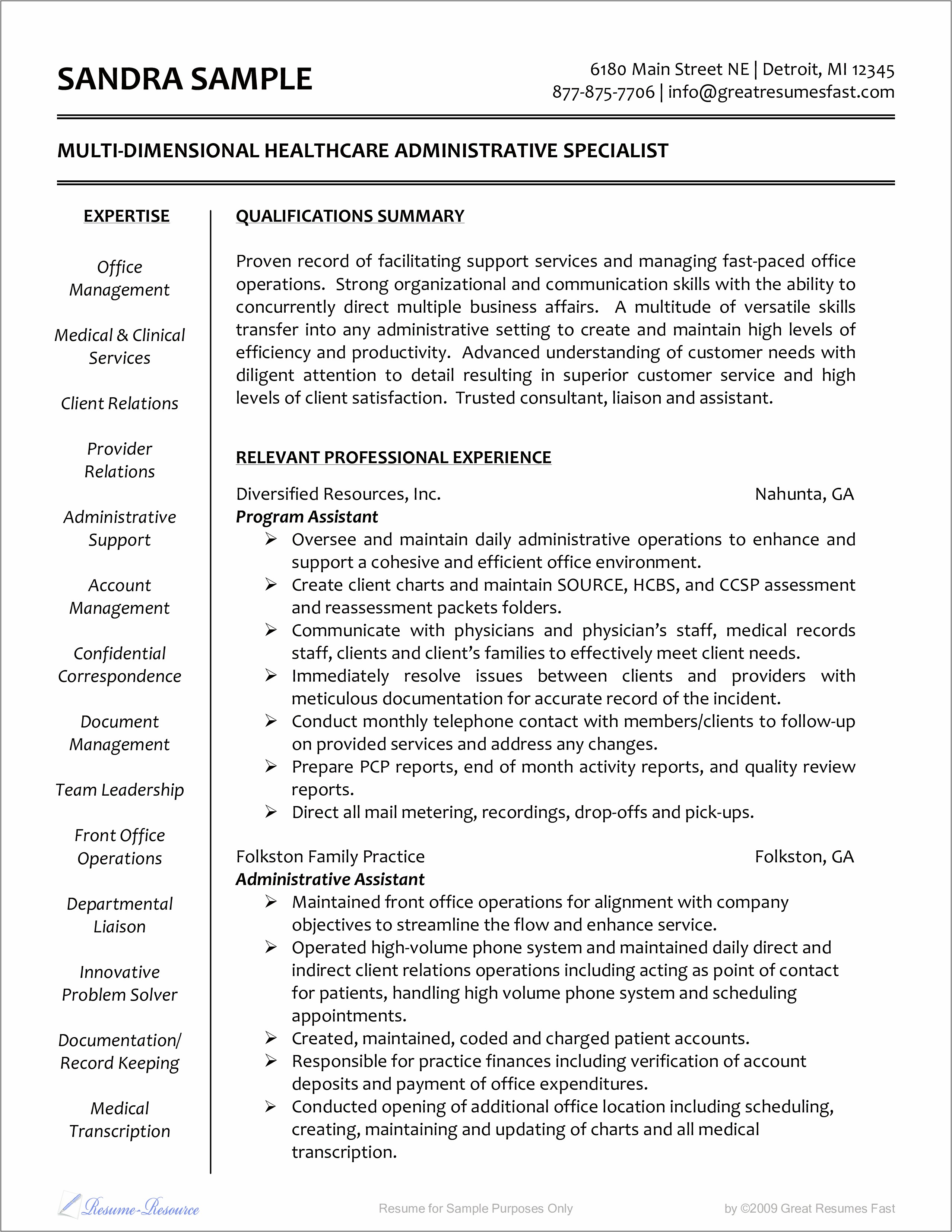 Sample Resume Examples Administrative Correspondence