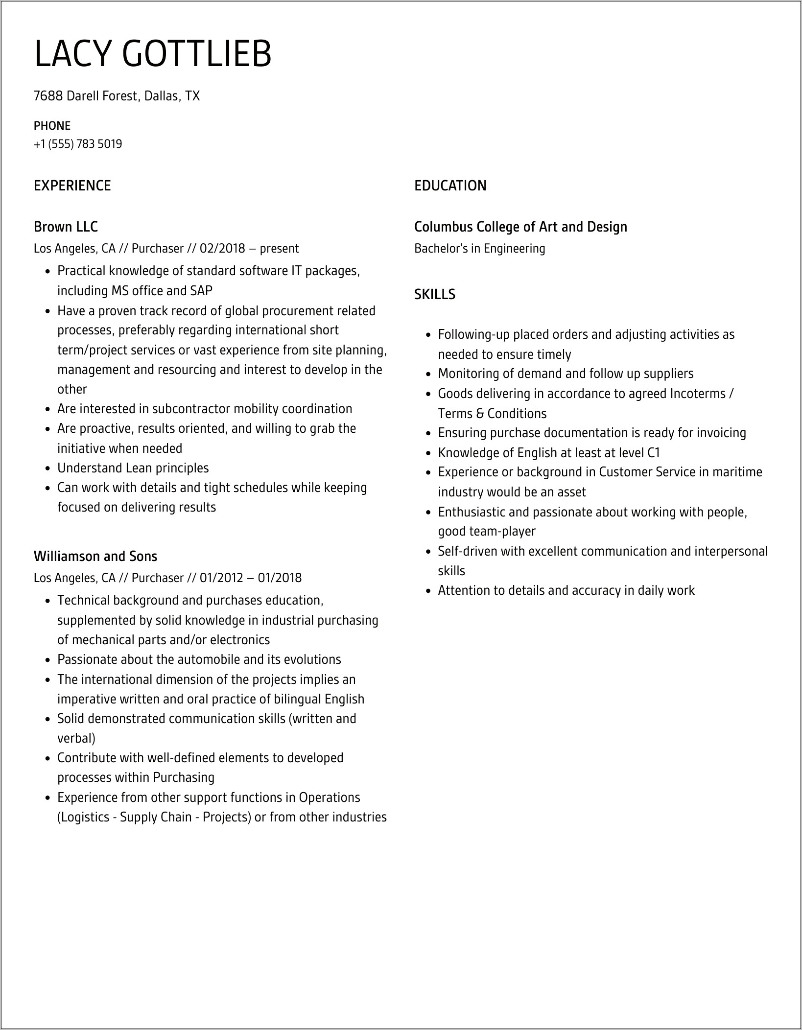 Sample Resume For A Purchaser