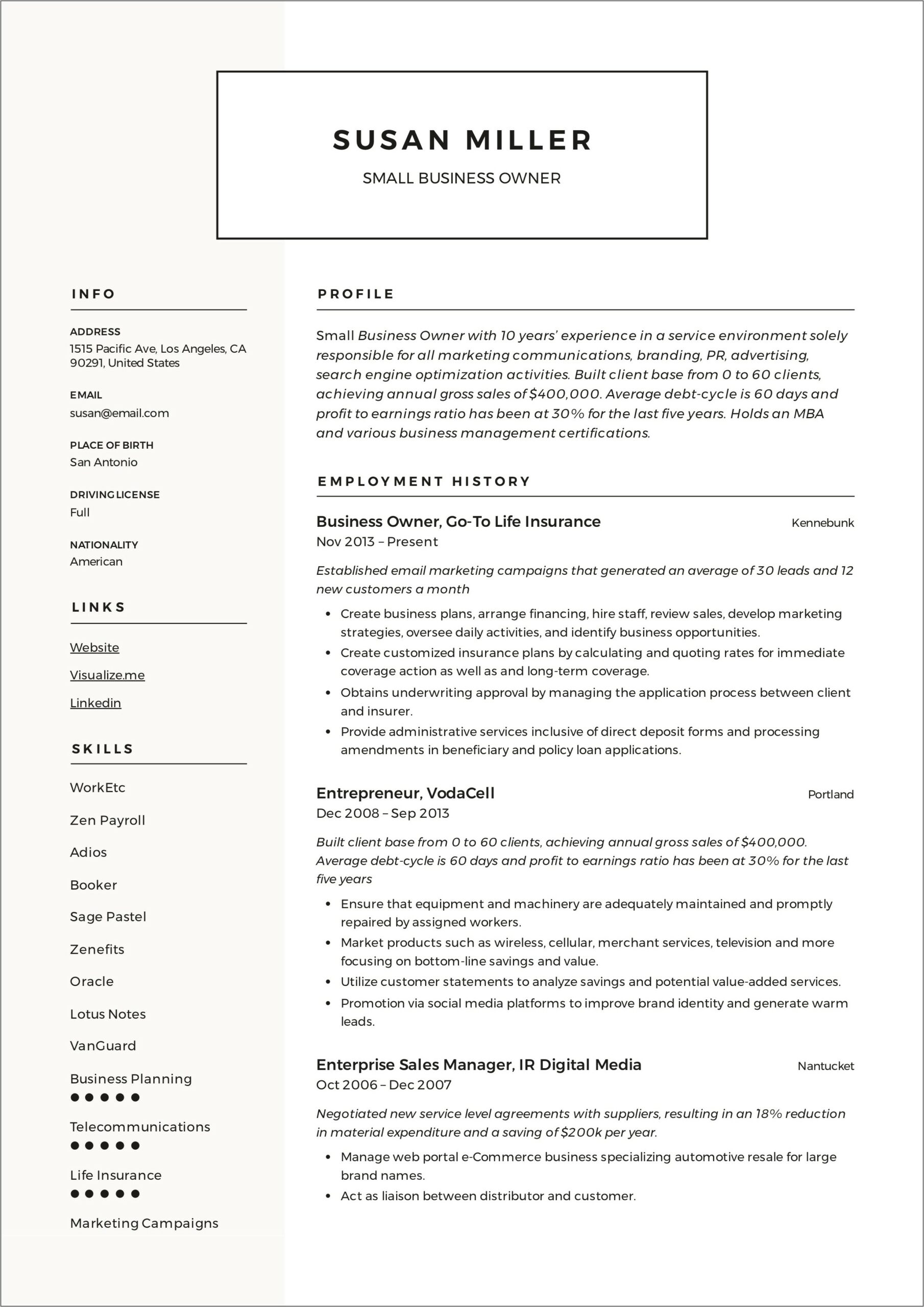 Sample Resume For Agent Entrepreneur