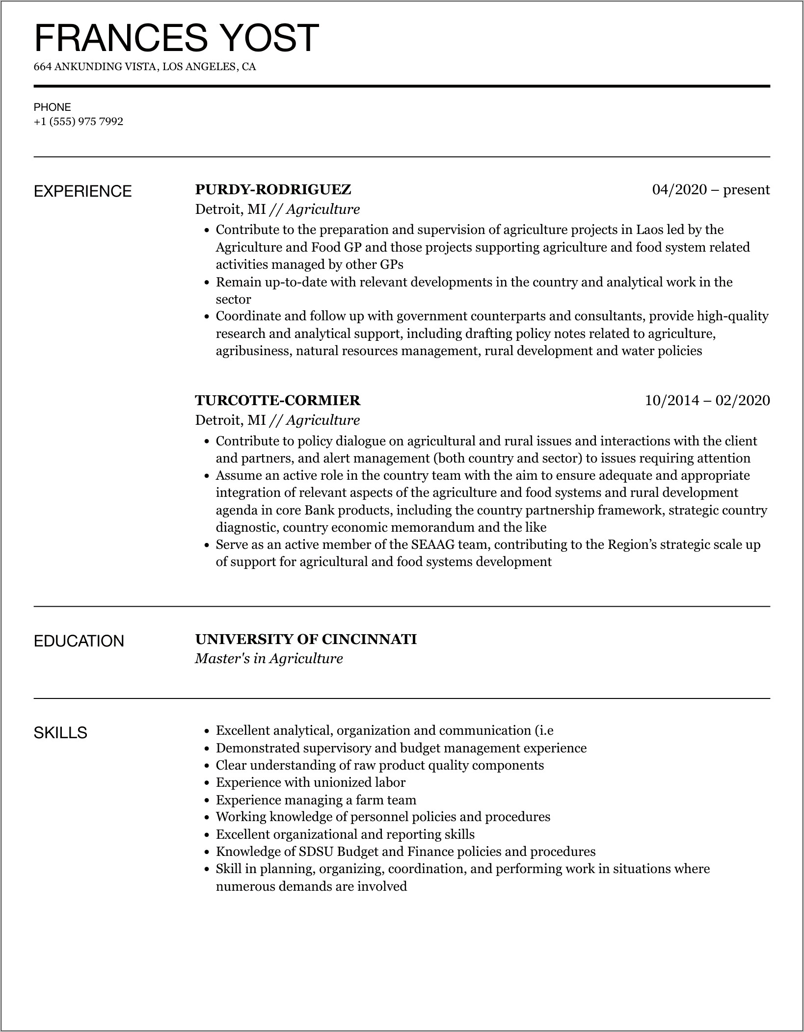 Sample Resume For Agricultural Scientist