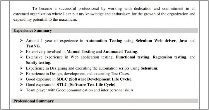 Sample Resume For Automation Tester