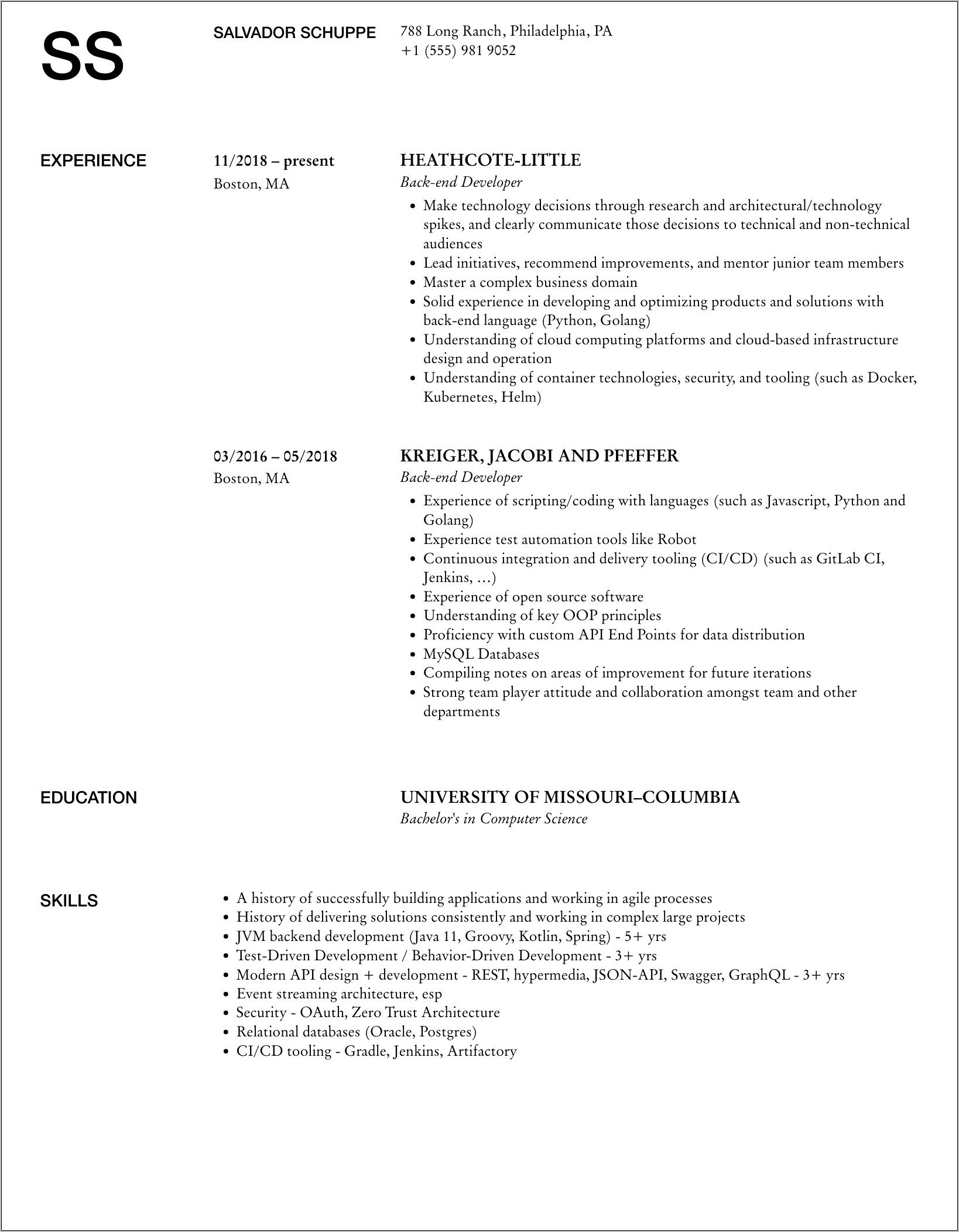 Sample Resume For Backend Process