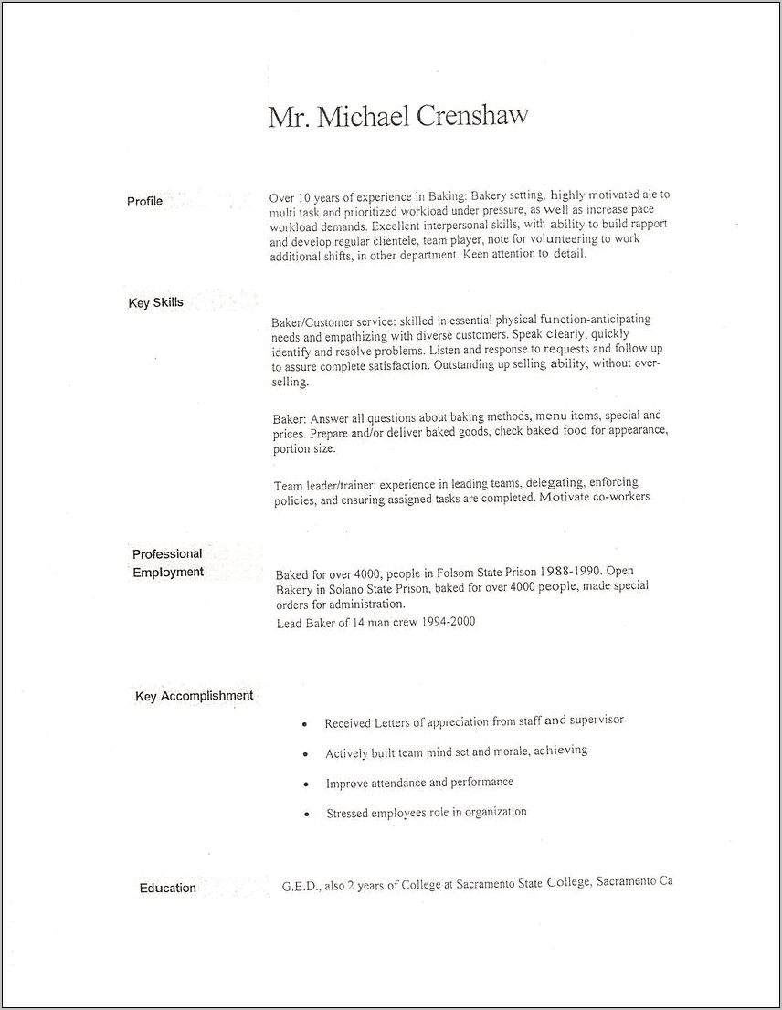 Sample Resume For Bakery Worker