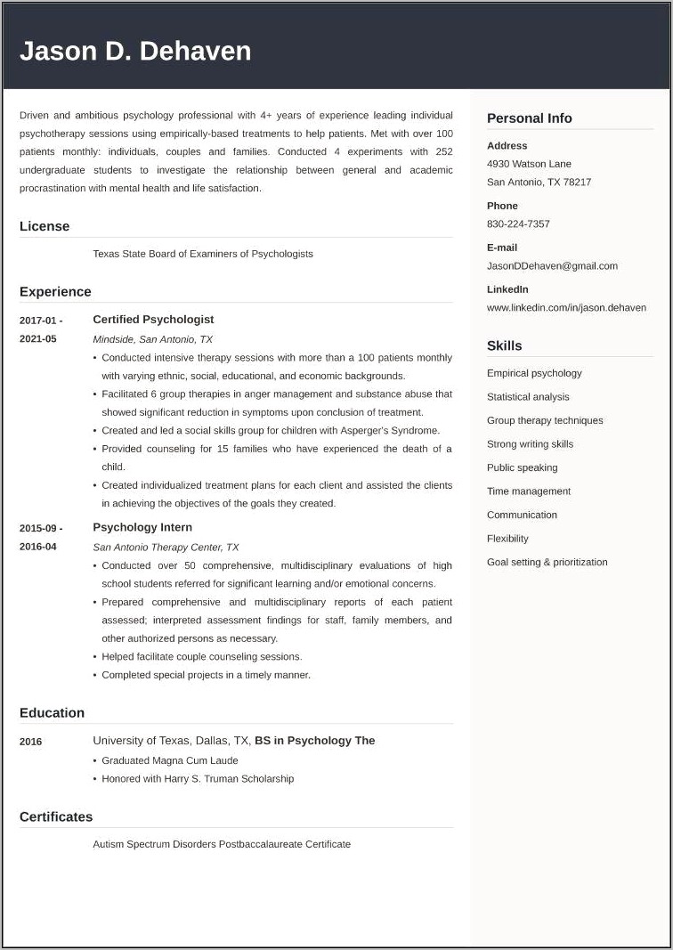 Sample Resume For Behavioral Health