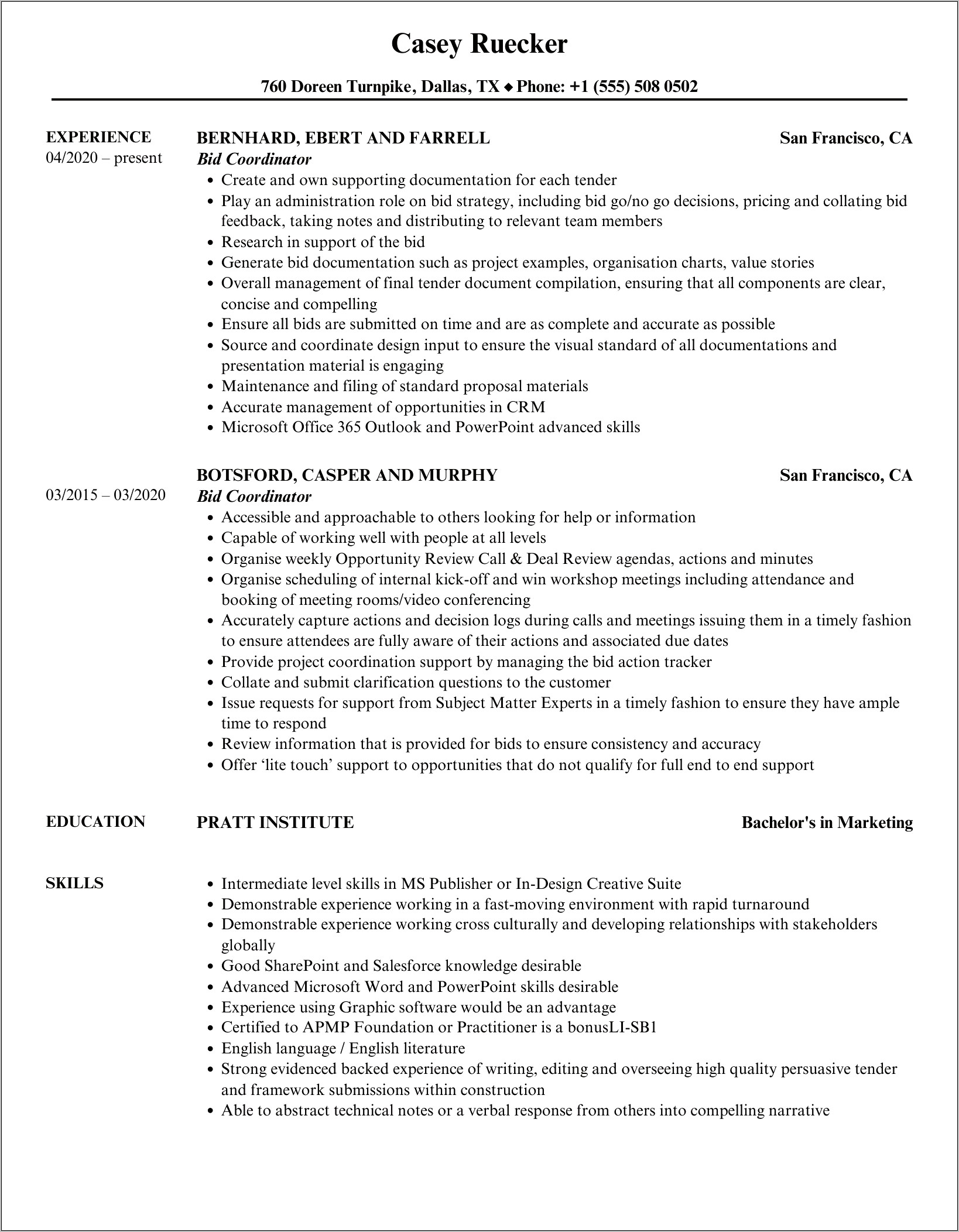 Sample Resume For Bid Coordinator
