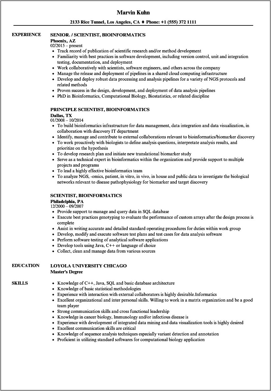 Sample Resume For Bioinformatics Fresher