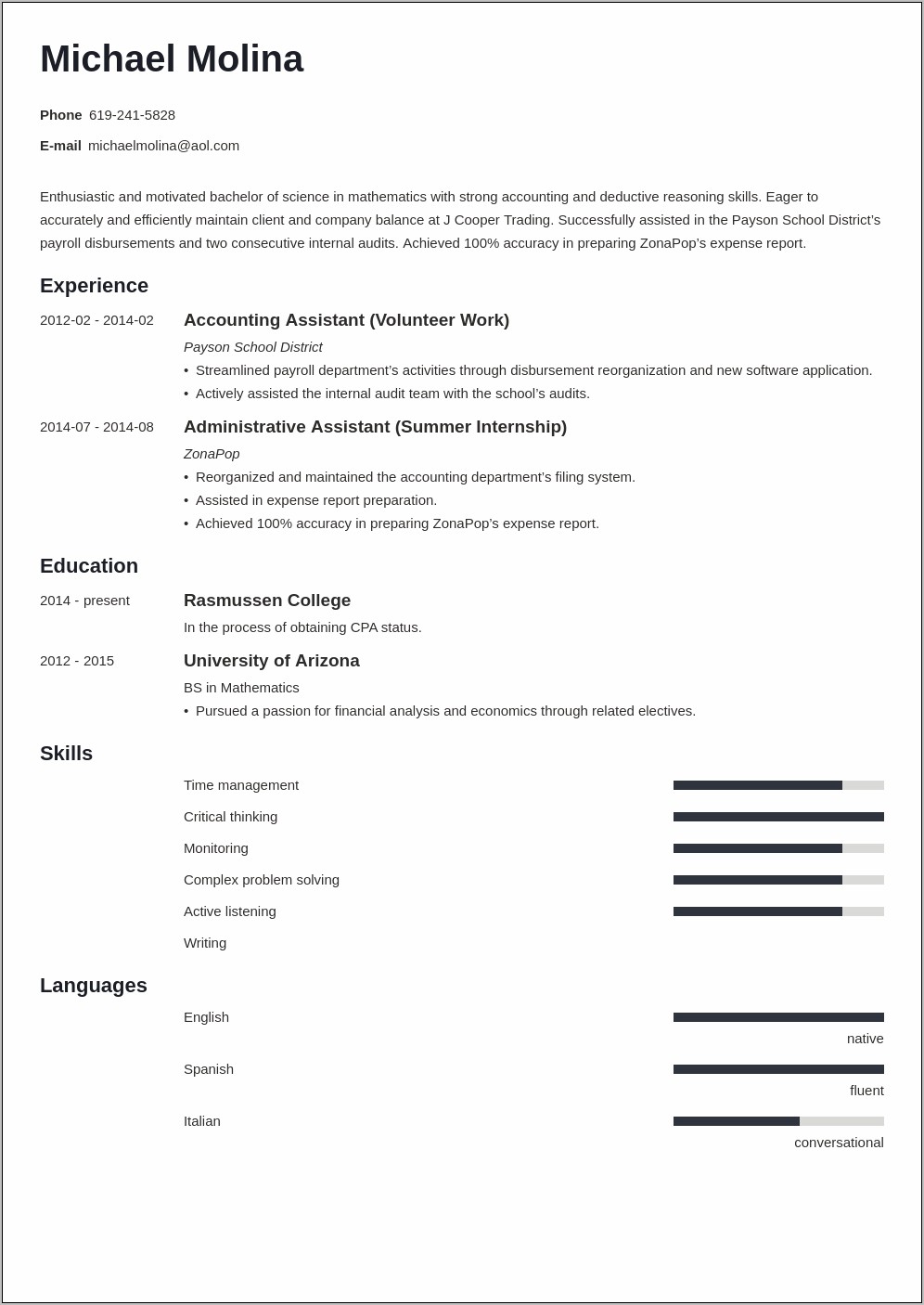 Sample Resume For Bookkeeper Accountant