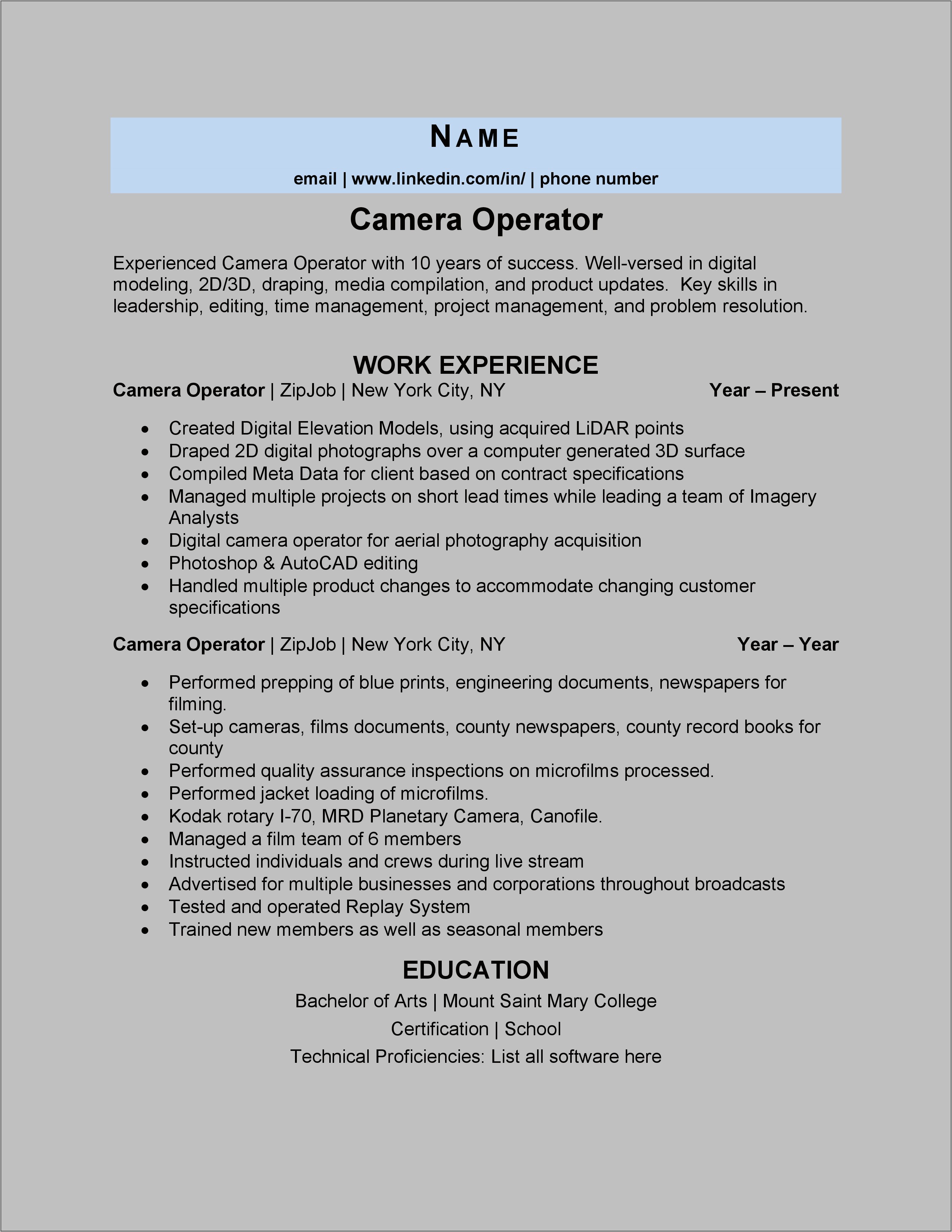 Sample Resume For Camera Operator