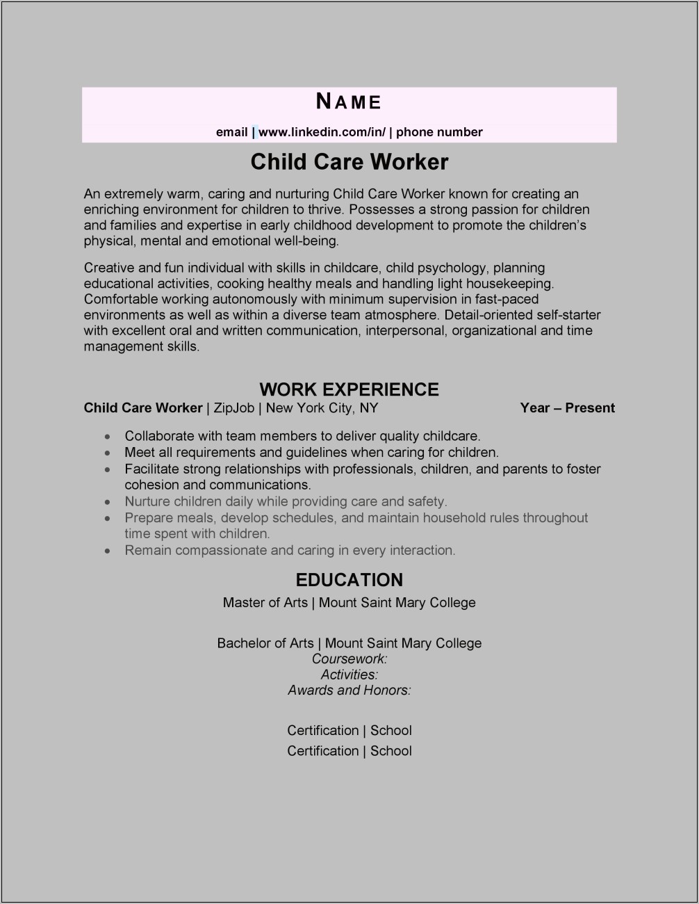 Sample Resume For Caregiver Kids