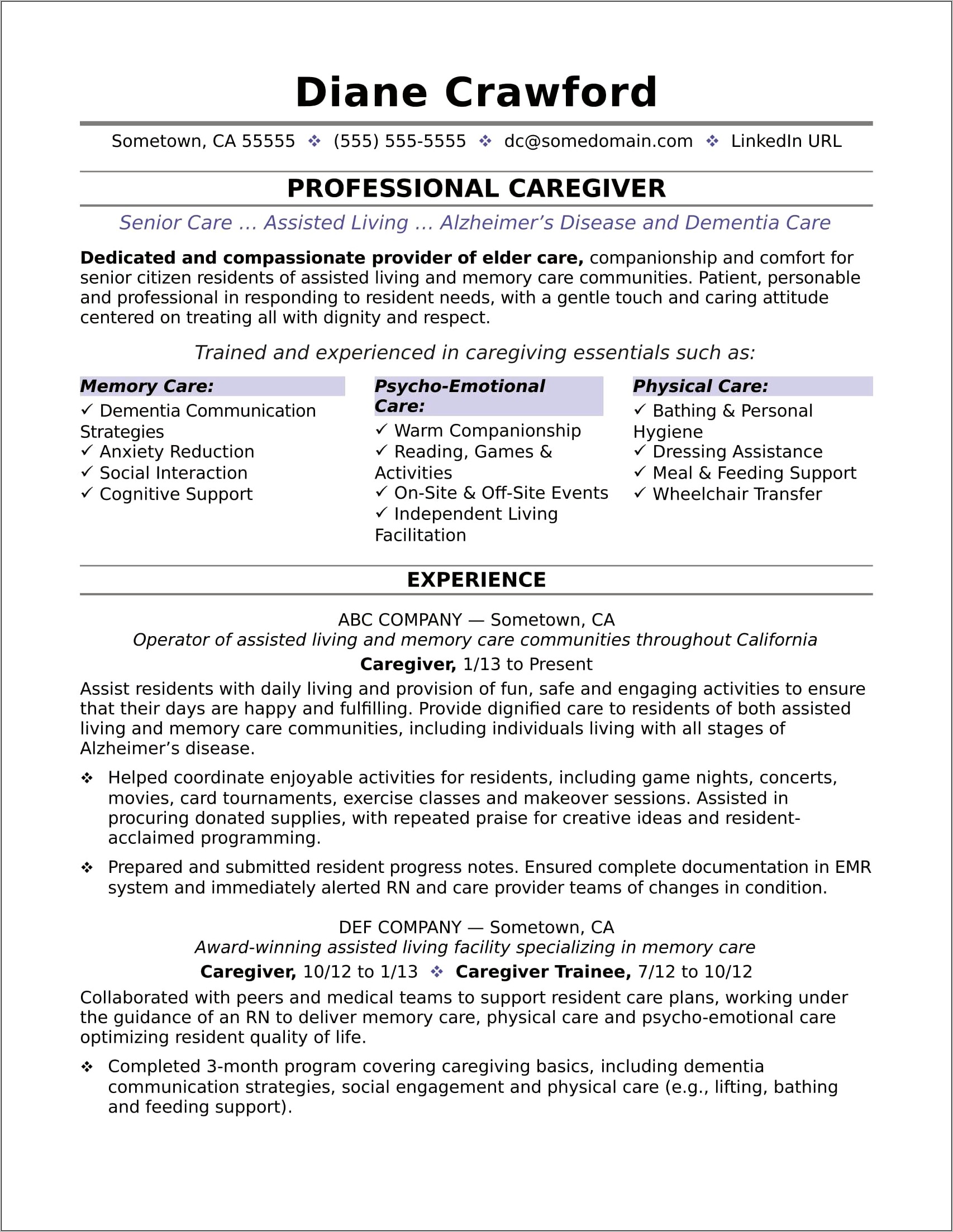 Sample Resume For Caretaker Position