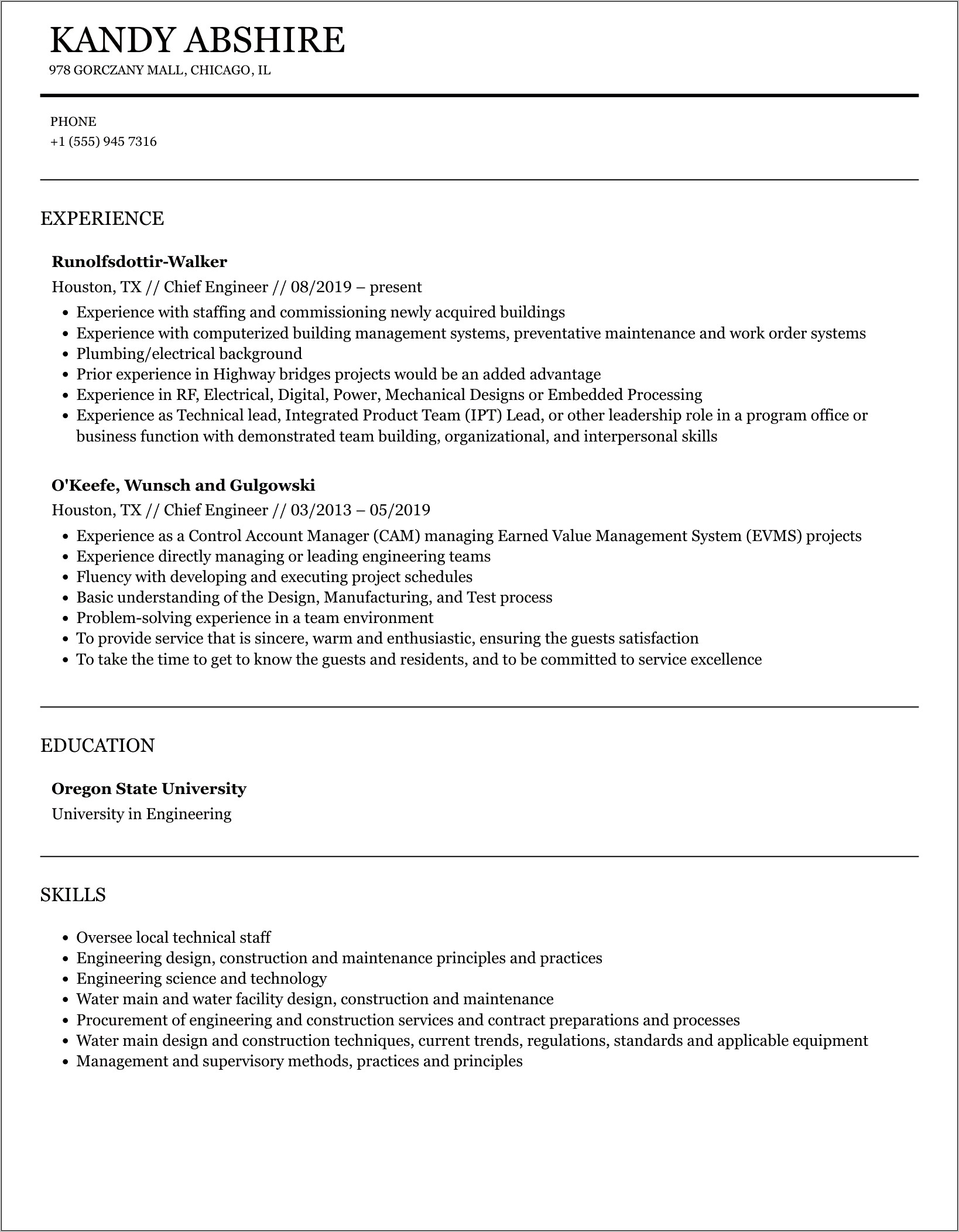 Sample Resume For Chief Engineer