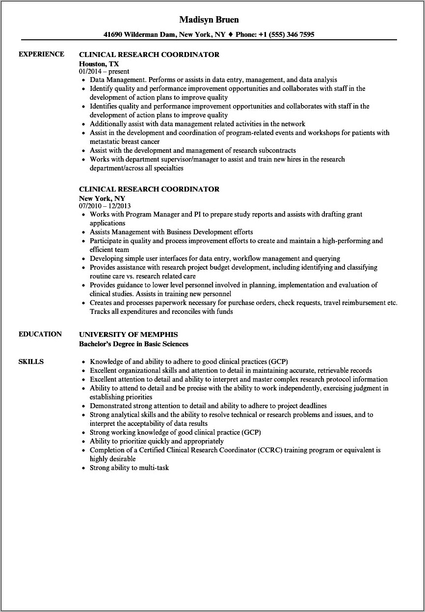 Sample Resume For Clinical Coordinator