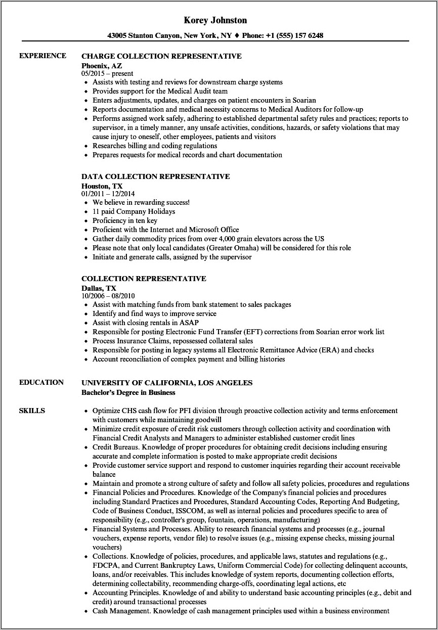 Sample Resume For Collections Representative