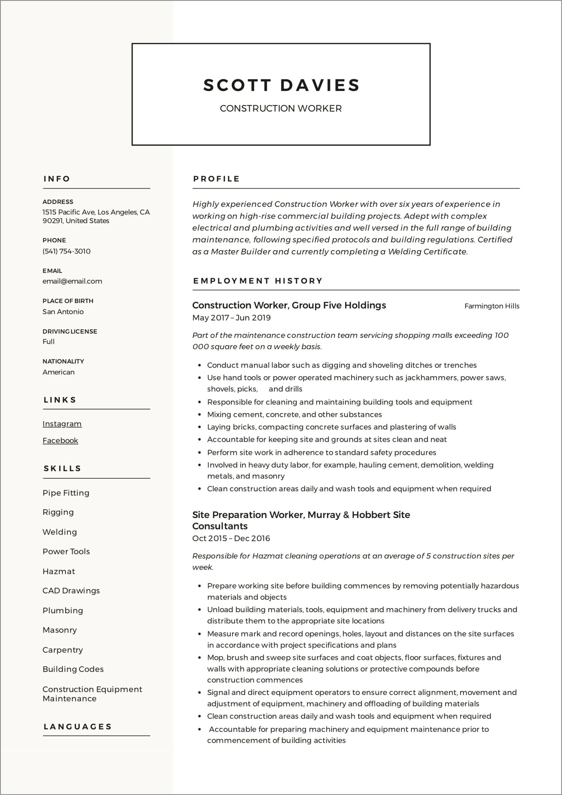 Sample Resume For Concrete Worker