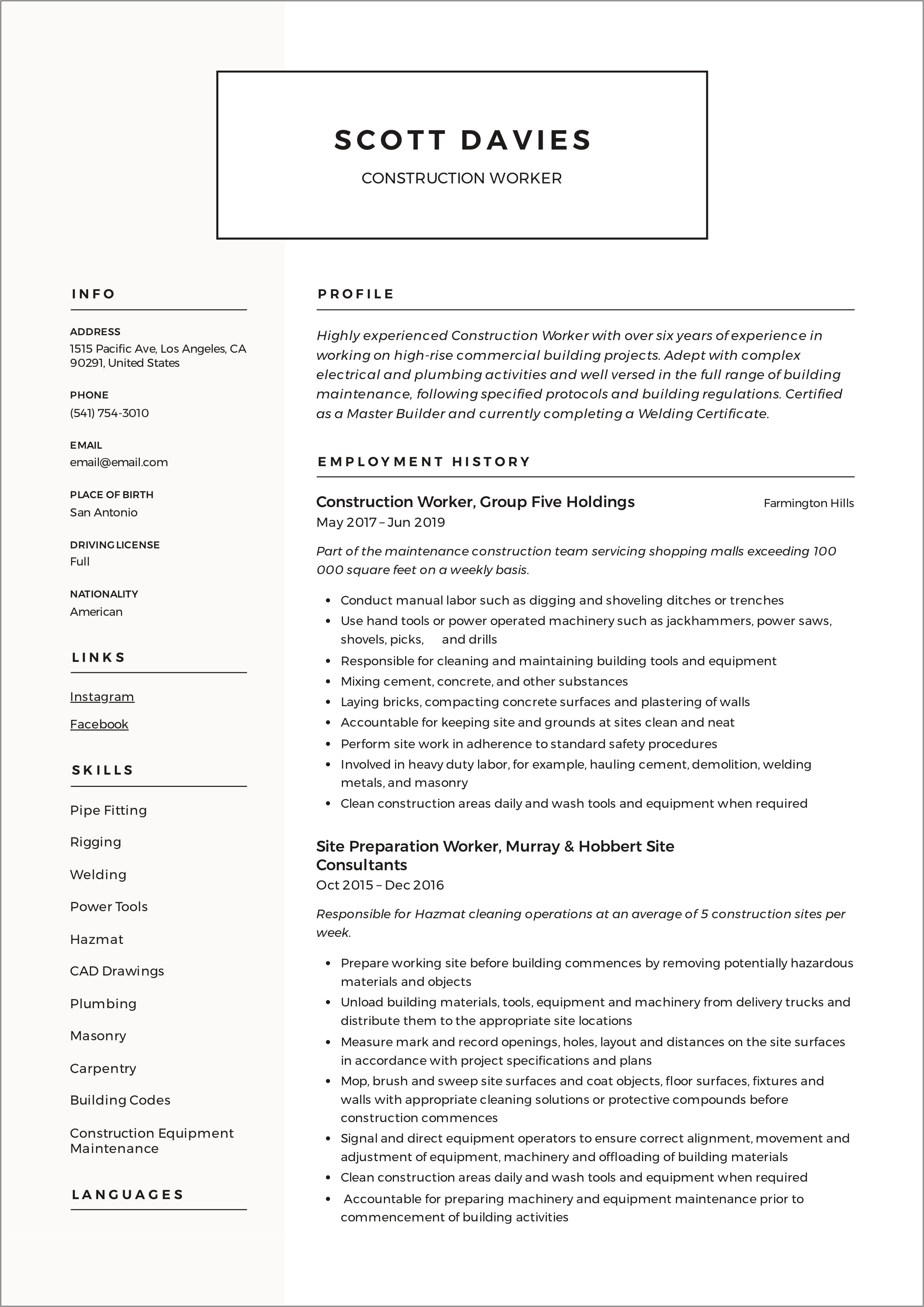 Sample Resume For Concrete Worker