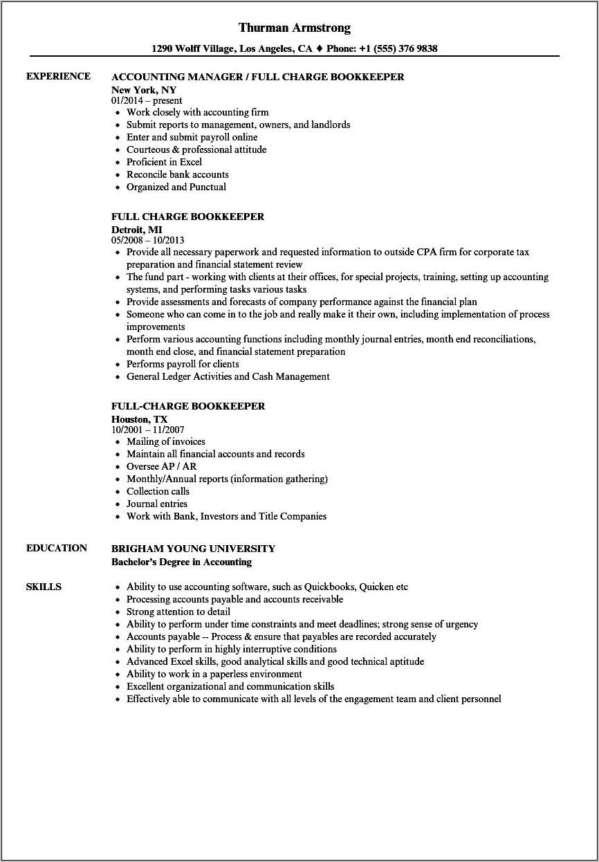 Sample Resume For Construction Bookkeeper